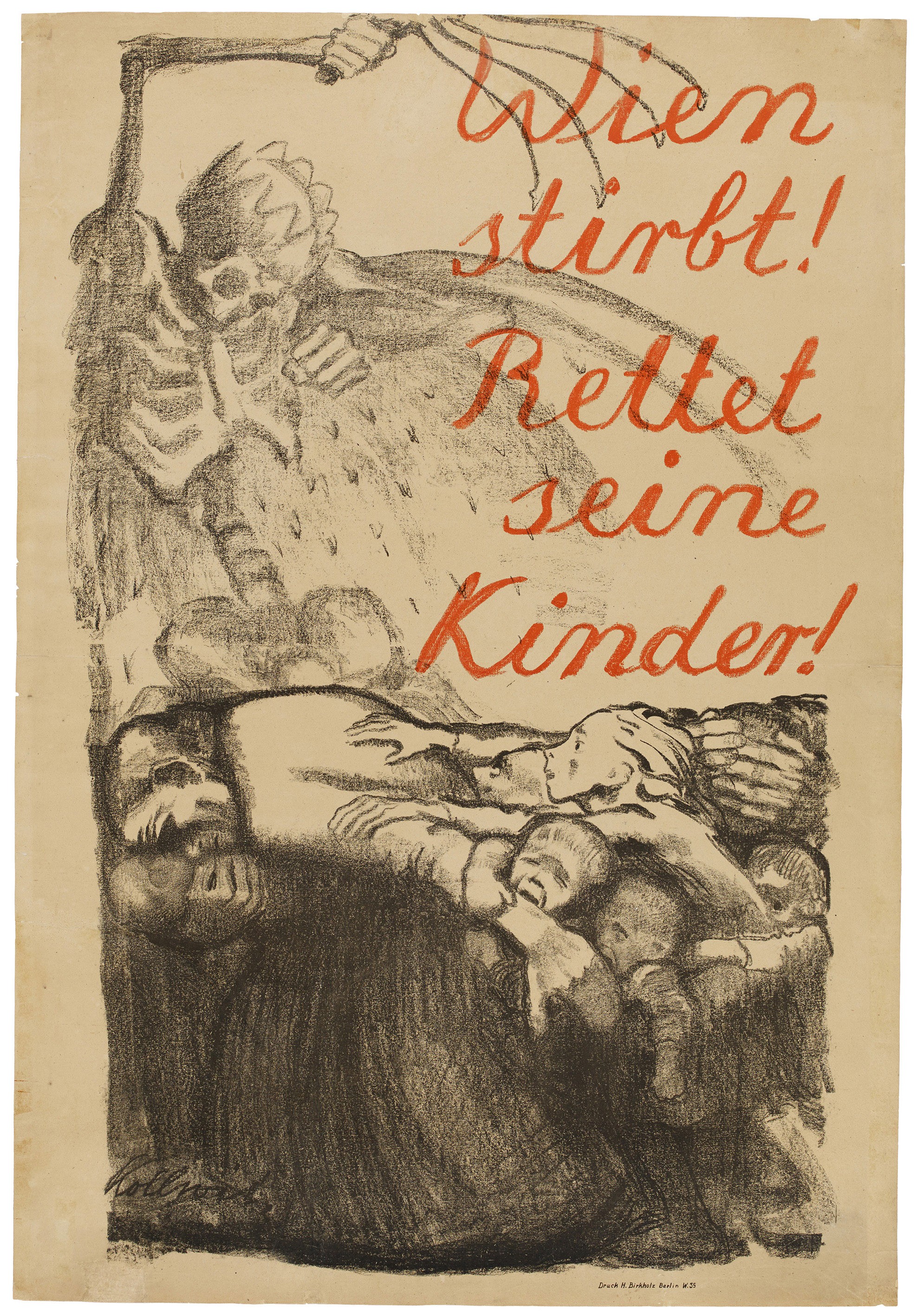 Käthe Kollwitz, Poster »Vienna is dying! Save its Children!«, 1920, crayon lithograph in up to two colours (transfer, text on ribbed laid paper), 930 x 565 mm, Kn 148 II, Kollwitz Museum Köln, Inv. Nr. 70300/85026.