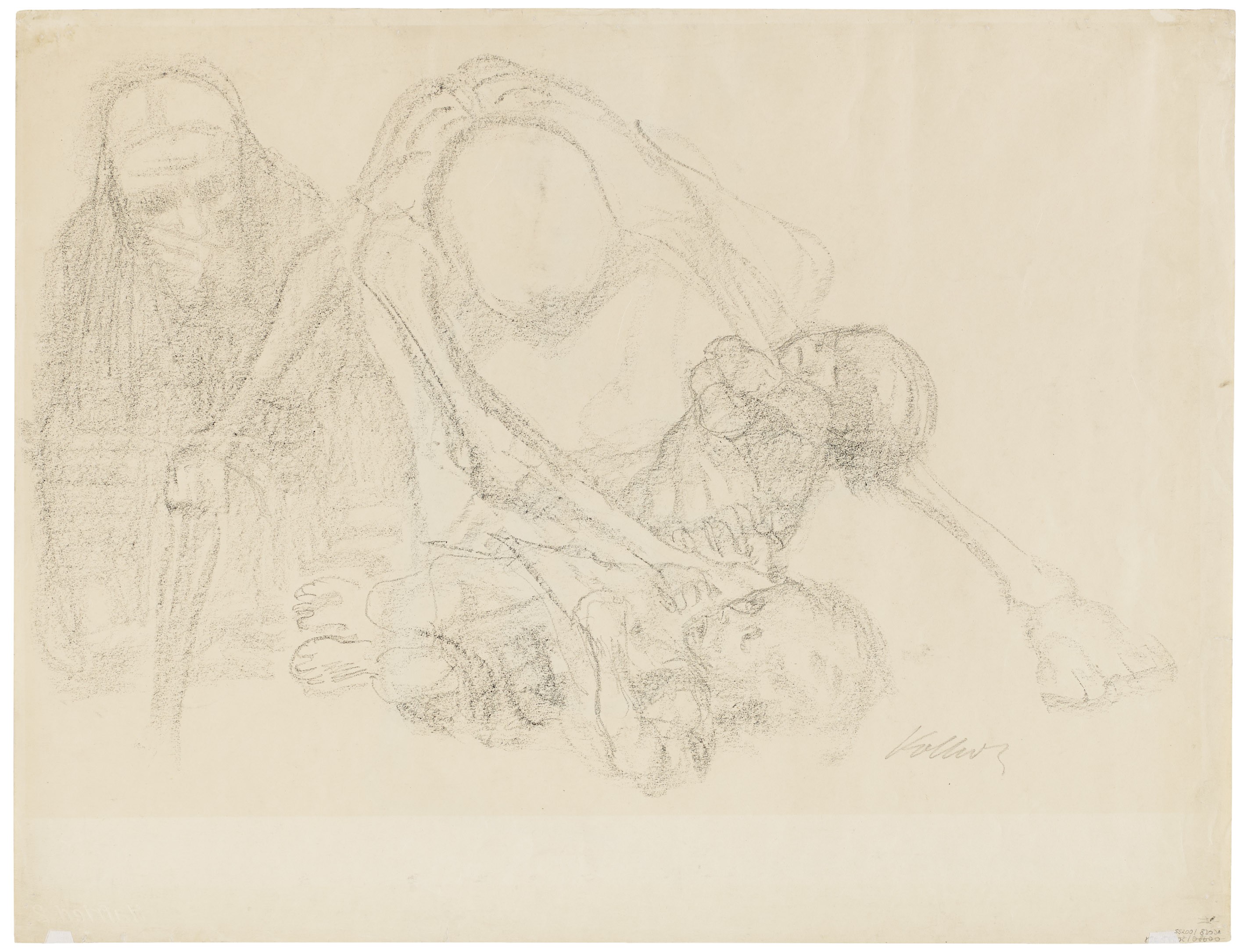 Käthe Kollwitz, Death seizes the Children, 1920, black crayon on thick, chamois-coloured paper, 500 x 653 mm, NT 860, Kollwitz Museum Köln, Inv. Nr. 70200/83031.
