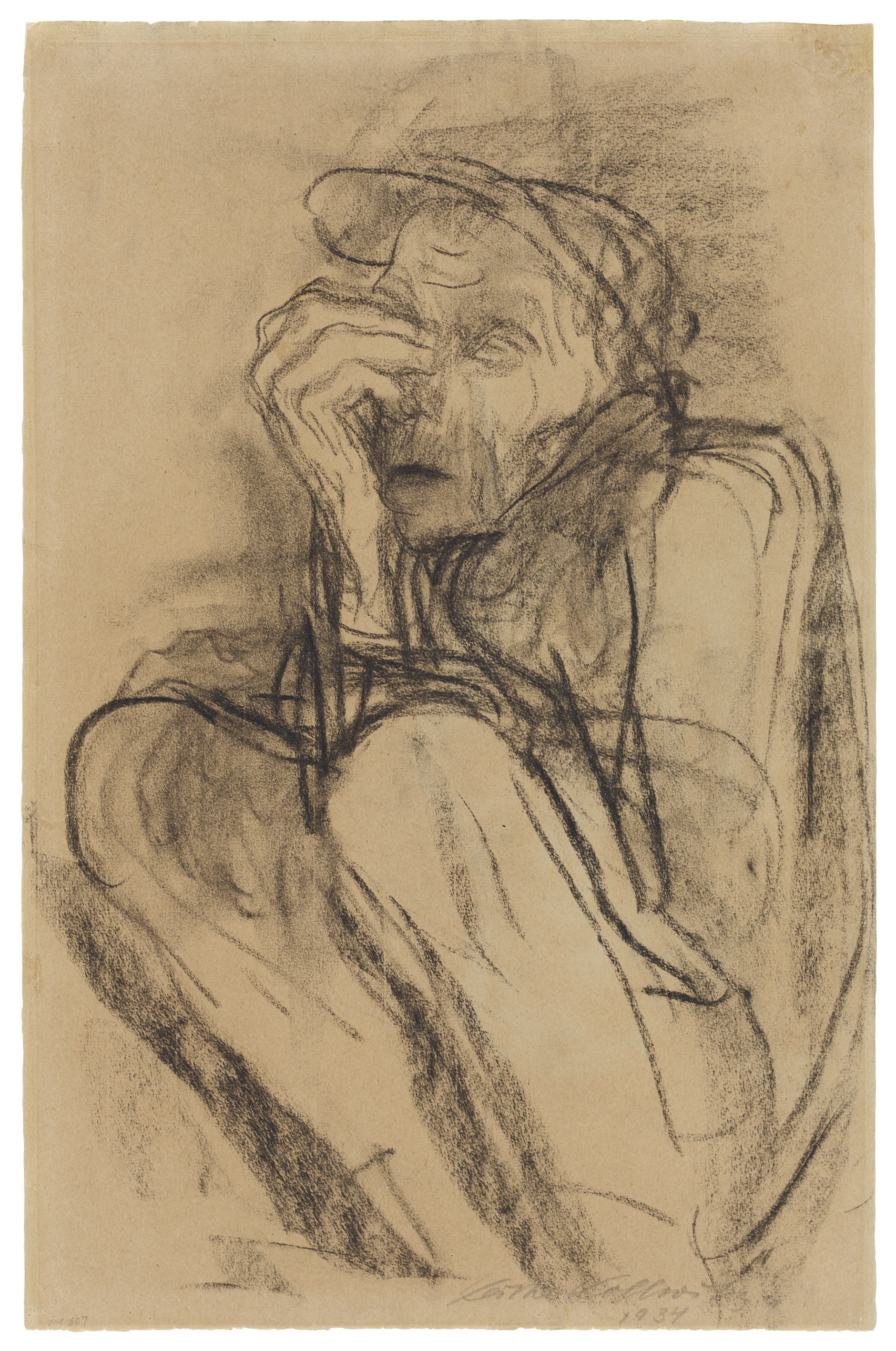 Käthe Kollwitz, Death on the Road, 1934, charcoal on yellowish laid paper, 485 x 318 mm, NT 1254, Kollwitz Museum Köln, Inv. Nr. 70200/07003.