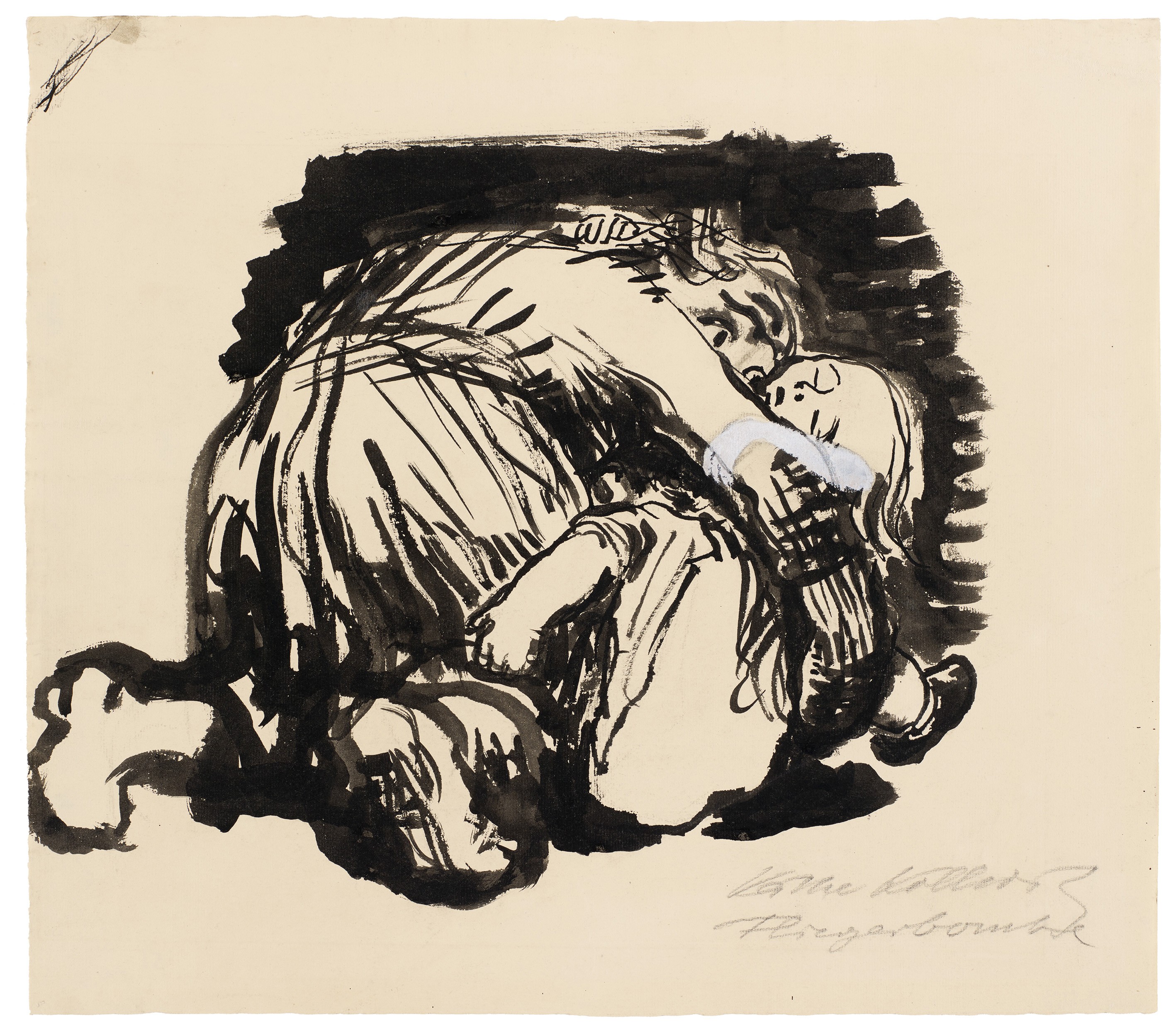 Käthe Kollwitz, Fliegerbombe (Mutter, sich über ihre bedrohten Kinder stürzend), 1924/25, Pinsel in Tusche auf Bütten, 250 x 350 mm, NT 960, Kollwitz Museum Köln, Inv. Nr. 70200/84012.