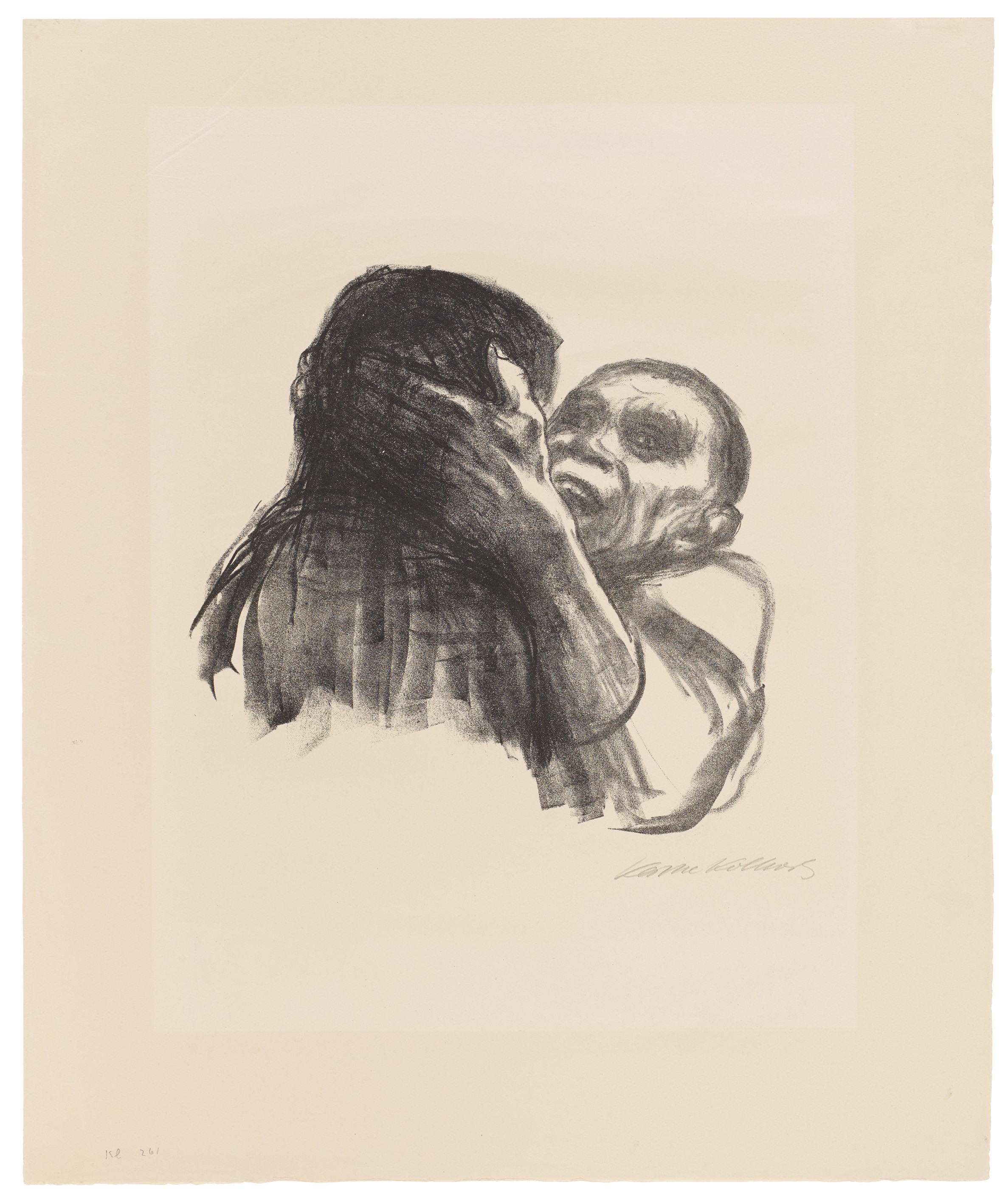 Käthe Kollwitz,Death is recognized as Friend, sheet 6 of the series »Death«, 1937, crayon lithograph, 315 x 328 mm, Kn 271 b, Kollwitz Museum Köln, Inv. Nr. 70300/89023. 