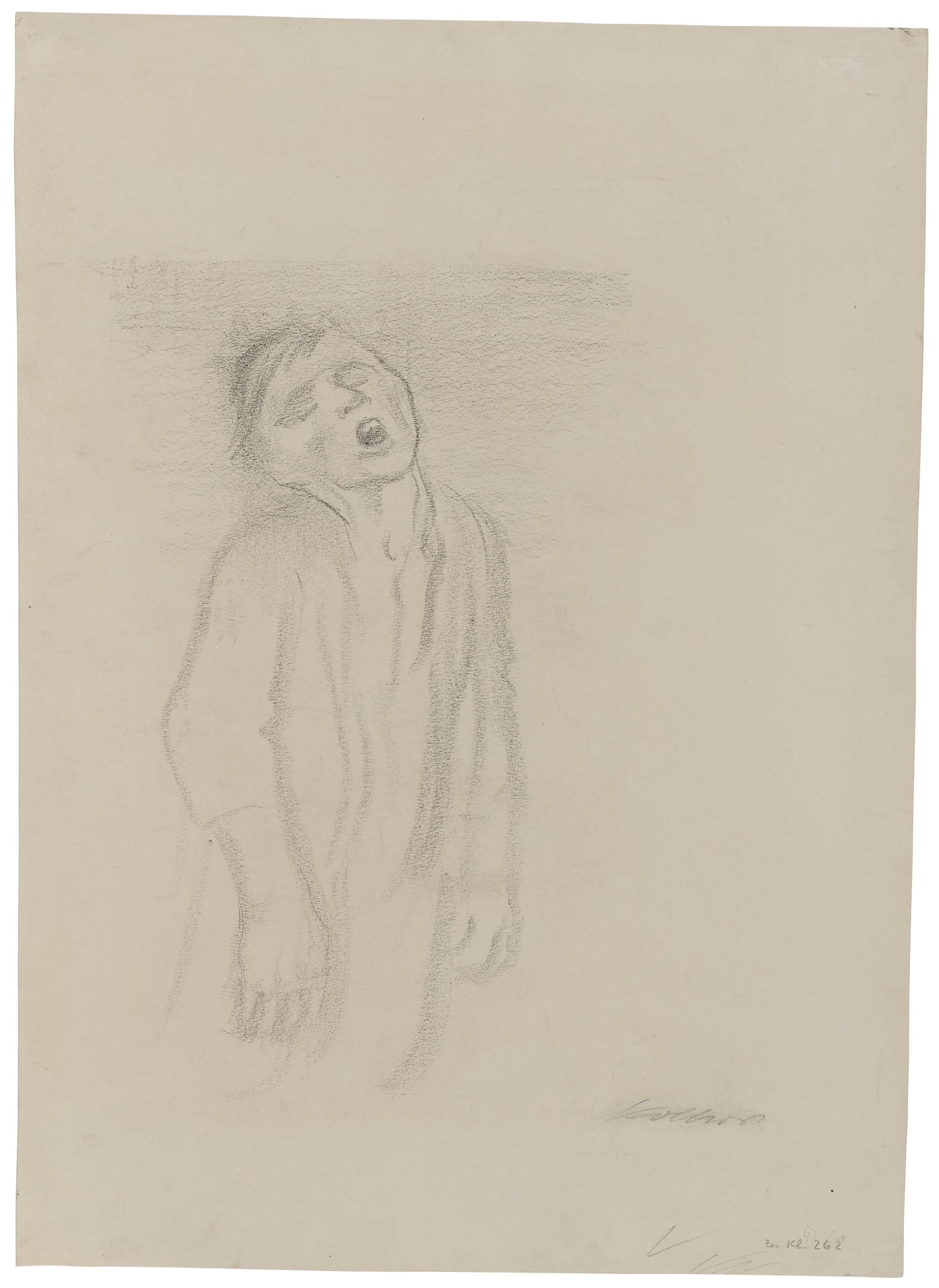Käthe Kollwitz, Drowning Man, 1934, charcoal on thick, chamois-coloured paper, 574 x 408 mm, NT 1258, Kollwitz Museum Köln, Inv. Nr.  70200/83060.  