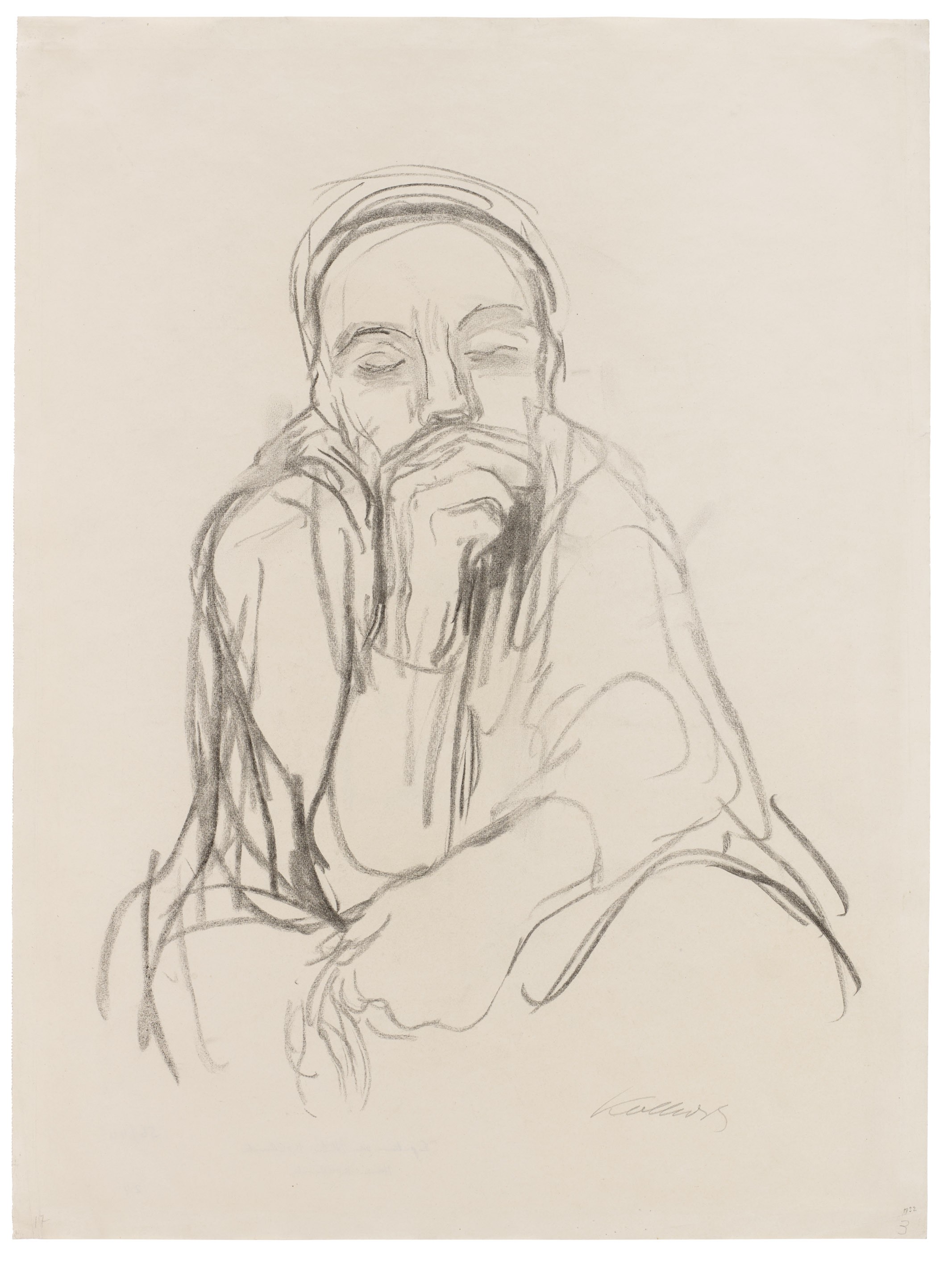 Käthe Kollwitz, Seated Woman with Closed Eyes, Head Resting on her Right Hand, 1920, charcoal on thin wove paper, 645 x 483 mm, NT 863, Kollwitz Museum Köln, Inv. Nr. 70200/04006.