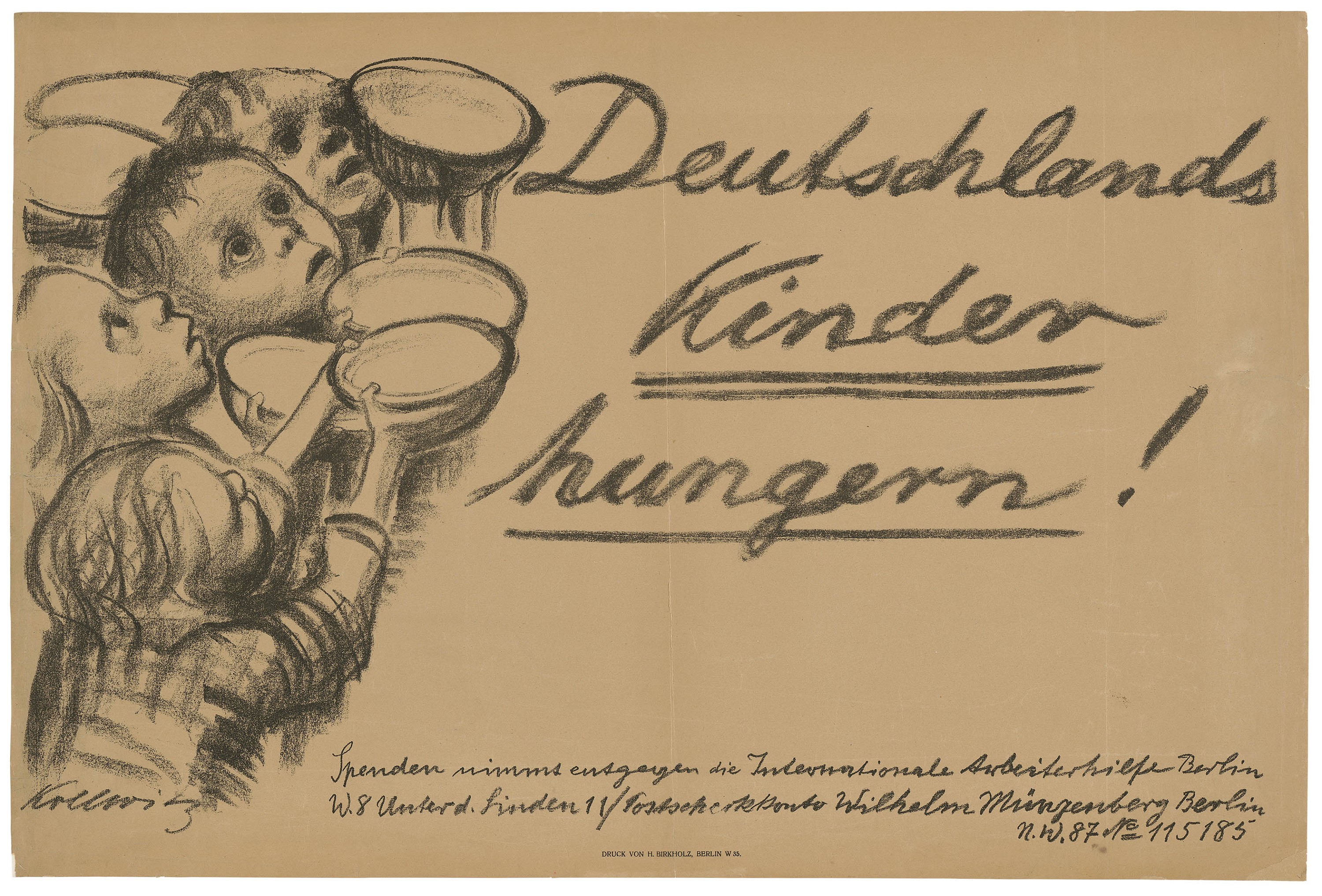 Käthe Kollwitz, Plakat »Deutschlands Kinder hungern!«, 1923, Kreidelithografie (Umdruck), 420 x 690 mm, Kn 202 B, Kollwitz Museum Köln, Inv. Nr. 70300/86045.