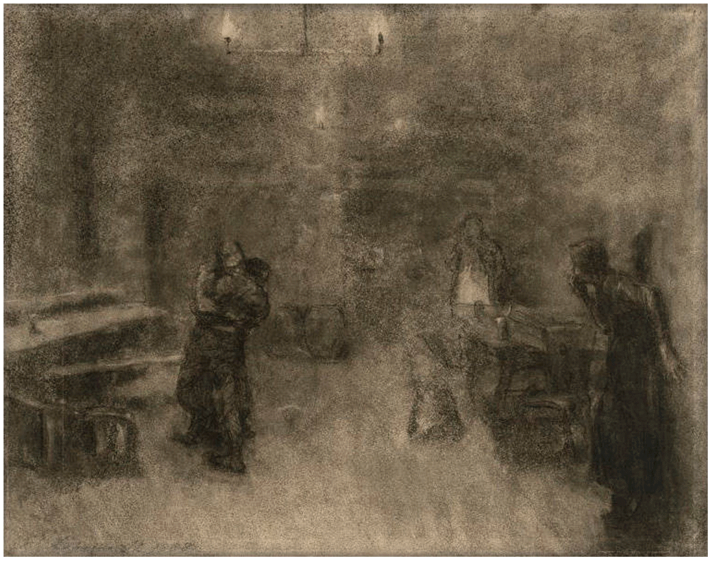 Käthe Kollwitz, Zweikampf im Wirtshaus, Kohle und braune Kreide, gewischt, Pinsel in Sepia auf bräunlichem Papier, 1888, NT 9, Kupferstich-Kabinett, Dresden 