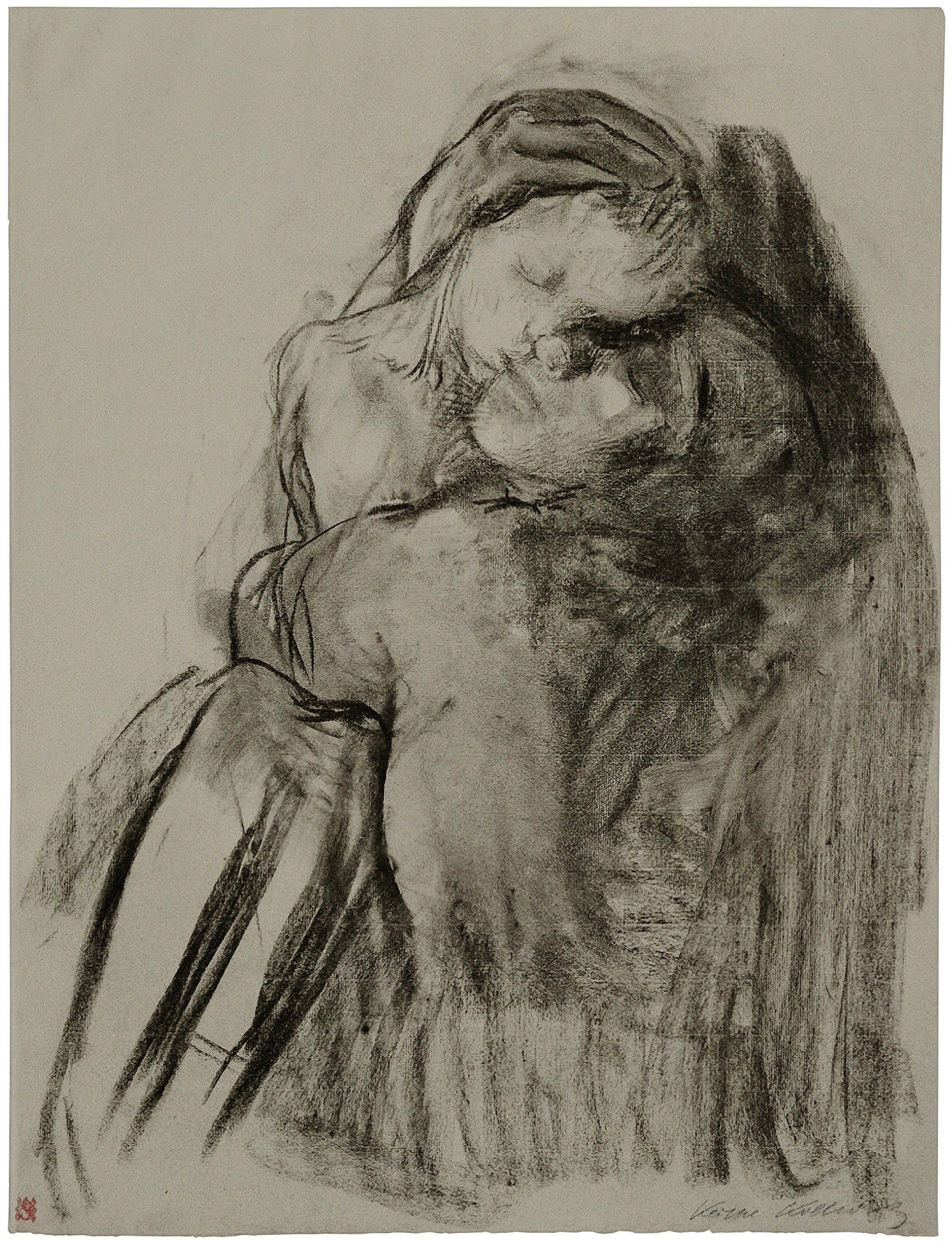 Käthe Kollwitz, Woman with Dead Child on Her Lap, 1911, charcoal, stumped, on blue-grey Ingres paper, 600 x 465 mm, NT 649, Kollwitz Museum Köln, Inv. Nr. 70200/96013.