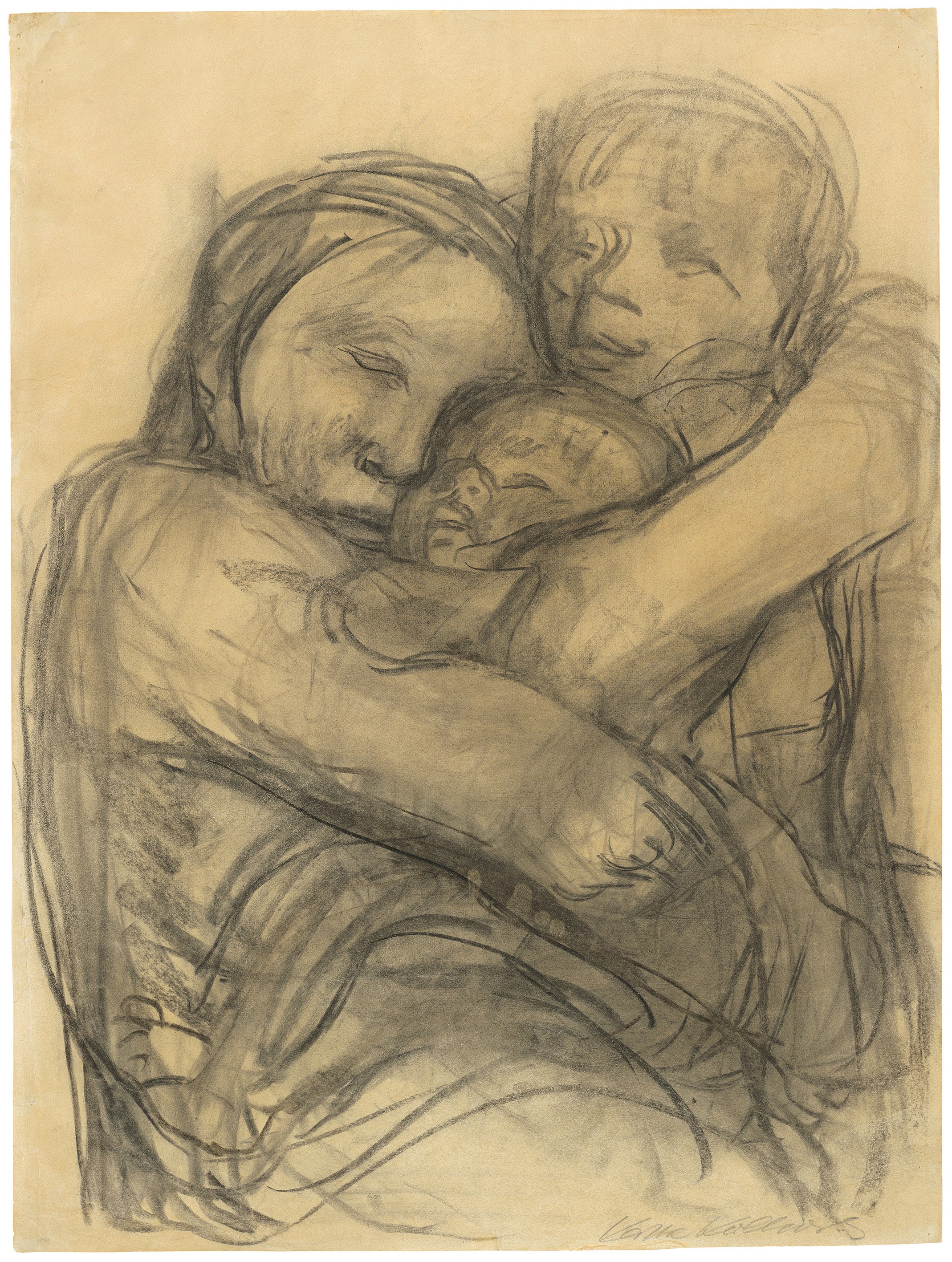 Käthe Kollwitz, Mother, clutching two Children, 1932, charcoal, 641 x 481 mm, NT 1232, Kollwitz Museum Köln, Inv. Nr. 70200/12001.