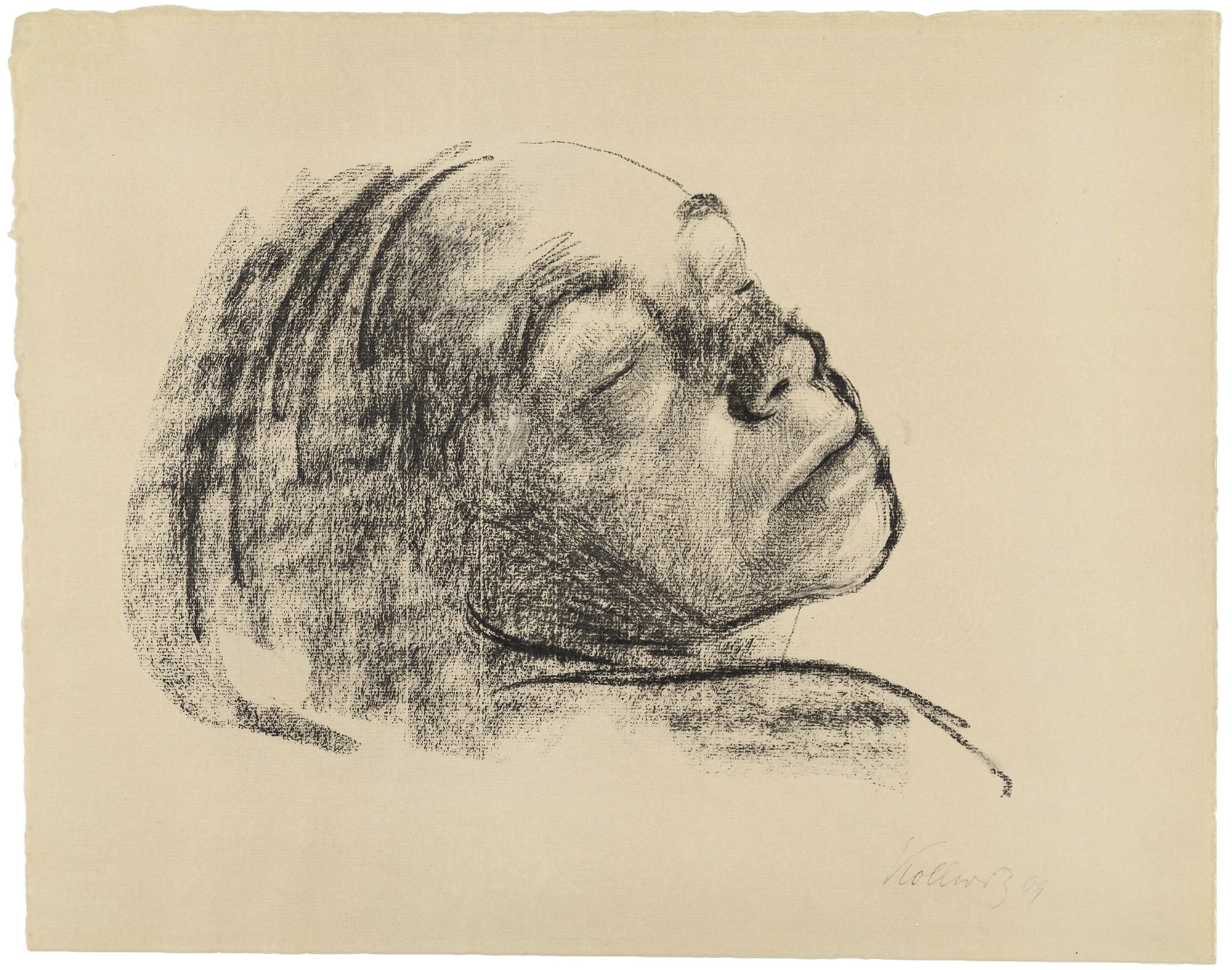 Käthe Kollwitz, Abschied, 1909, Blatt 10 der »Richter-Mappe«, Lichtdruck, 1920, Repro: Kollwitz Museum Köln. Original: Schwarze Kreide auf leicht bräunlichem Ingres-Bütten, 350 x 447 mm, NT 592, Sammlung Ute Kahl, Köln. 