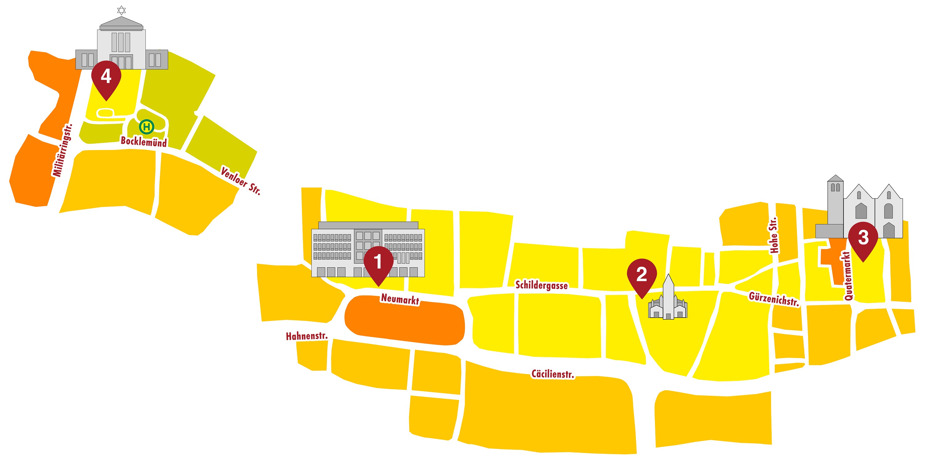 EIne farbige Skizze zeigt den Stadtplan der Kölner Innenstadt mit den Landmarken zu Orten, an denen Besucherinnen und Besucher Käthe Kollwitz begegnen können: Im Kollwitz Museum Köln, der Antoniterkirche Köln, der Kirchenruine Alt St. Alban und dem jüdischen Friedhof Köln-Bocklemünd. 