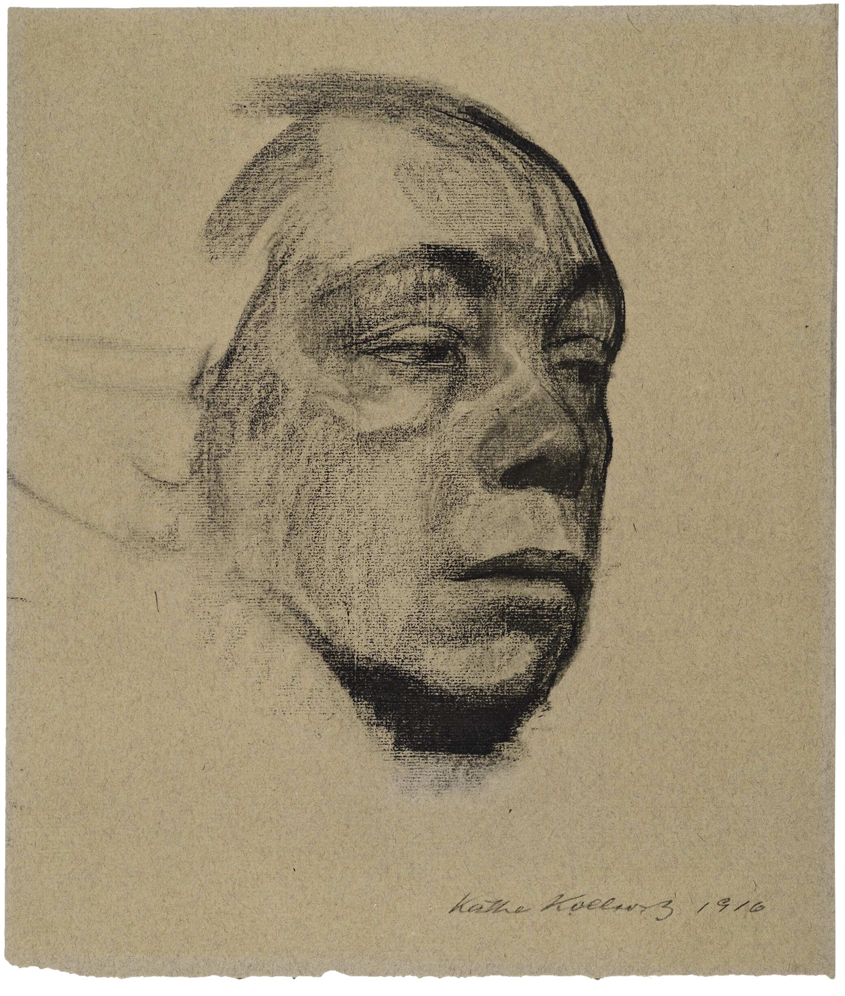 Käthe Kollwitz, Self-Portrait, 1916, sheet 1 of the »Richter Portfolio«, Collotype, 1920, Repro: Kollwitz Museum Köln. 
Original: Charcoal, stumped, on blue-grey paper, 362 x 310 mm, NT 733, Albertina, Wien.
