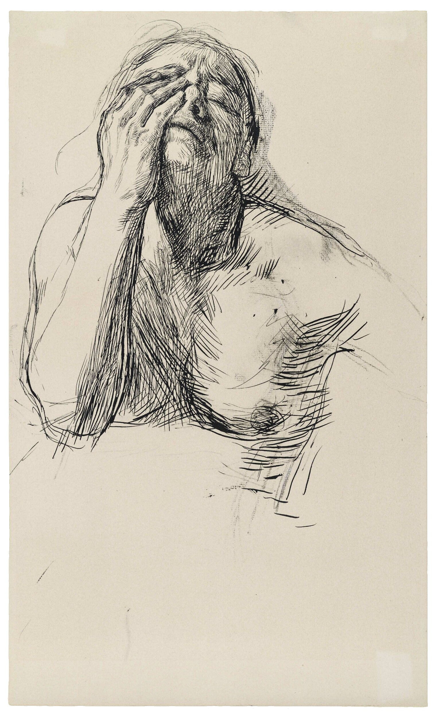 Käthe Kollwitz, Study of a woman for »The Downtrodden«, sheet 4 of the „Richter Portfolio«, Collotype, 1920, Repro: Kollwitz Museum Köln. Original: Pen and ink in black on yellowish-tinted paper, 1900, Kupferstich–Kabinett, Dresden State Art Collections.