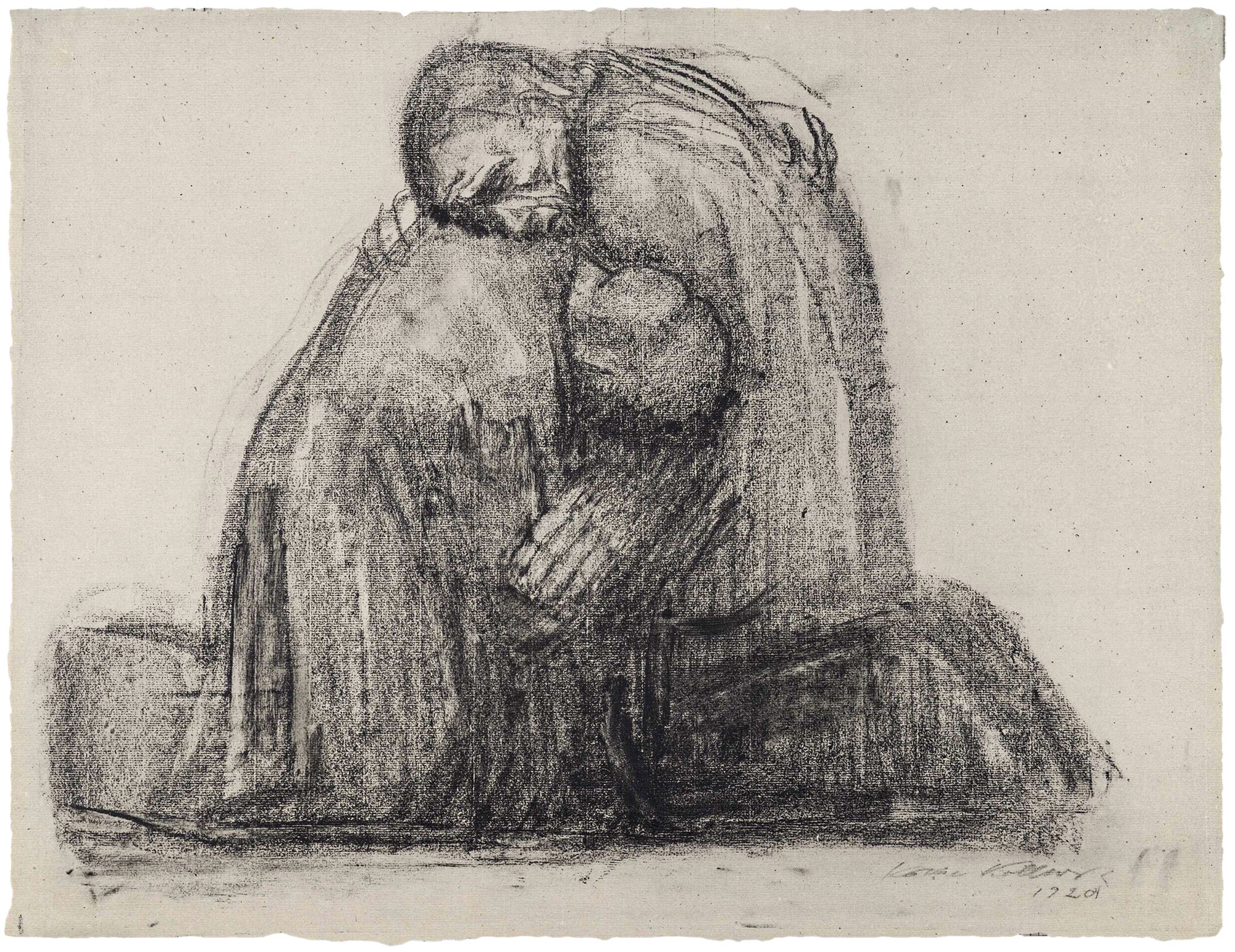 Käthe Kollwitz, The Parents, 1920, sheet 24 of the »Richter Portfolio«, Collotype  1920, Original: Charcoal, stumped, on light grey Ingres paper, 477 x 621 mm, NT 846, Kupferstichkabinett, Staatliche Museen zu Berlin.
