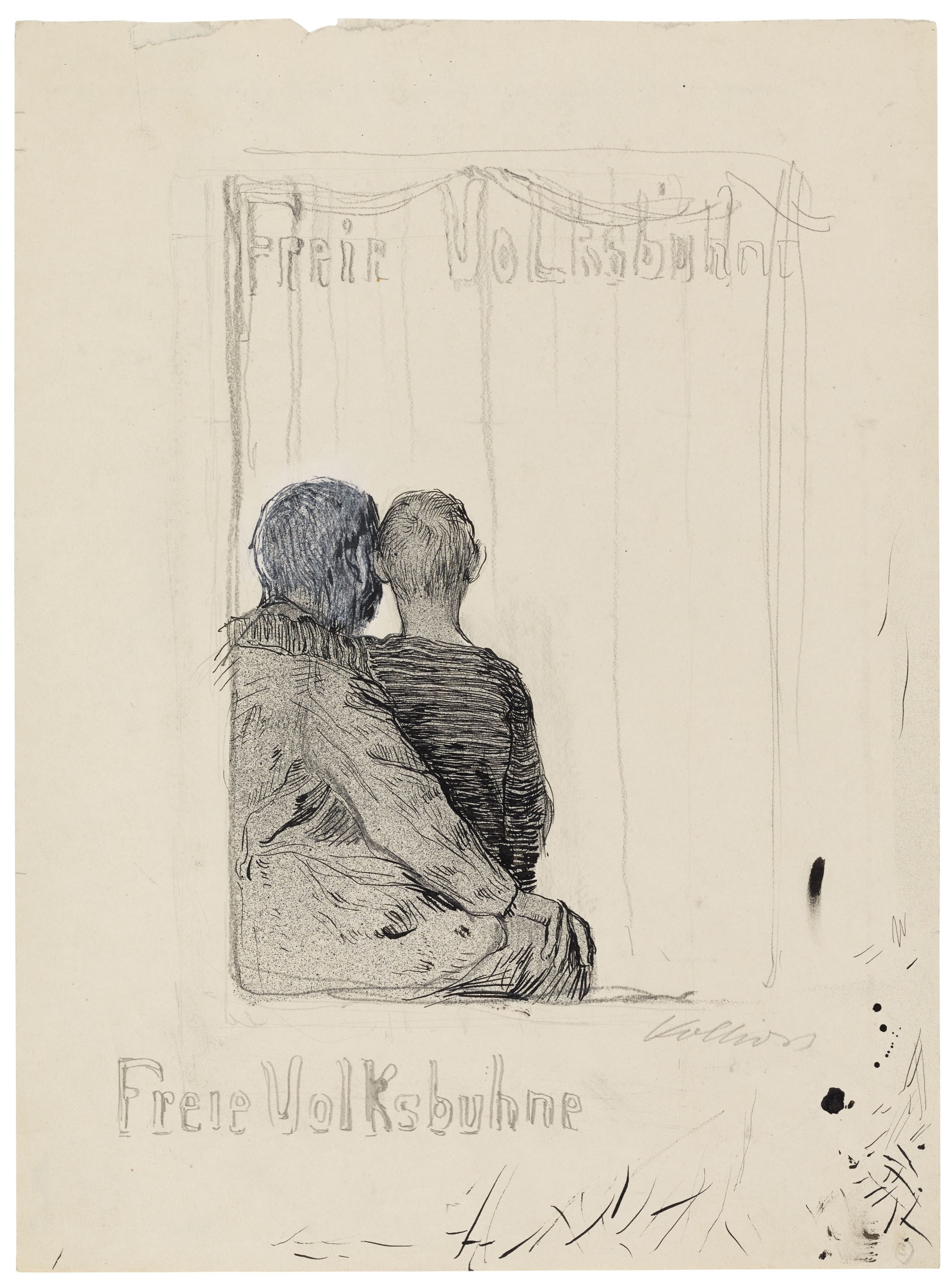 Käthe Kollwitz, Titelblattentwurf für das Programmheft der Freien Volksbühne, um 1900, Grafit und Feder in schwarzer Tusche, 400 x 300 mm, NT 174, Kollwitz Museum Köln, Inv. Nr. 70200/85004.
