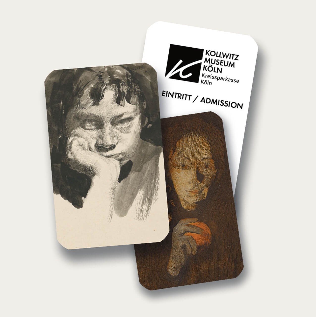 Auf dem Bild sieht man zwei Eintrittskarten für für das Kollwitz Museum Köln. Die Karten liegen übereinander. 
