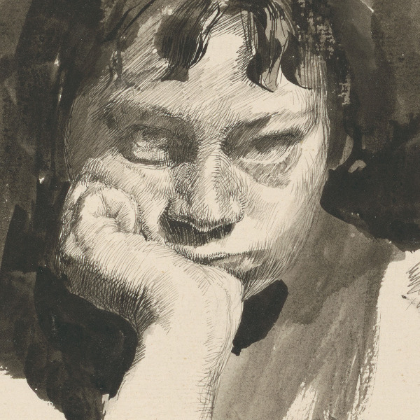 Käthe Kollwitz (1867-1945), Selbstbildnis mit aufgestütztem Kopf, 1889/91, Feder und Pinsel in Sepia, auf Bütten, 200 x 163 mm, NT 25, Kollwitz Museum Köln, Inv.-Nr. 70200/96008.