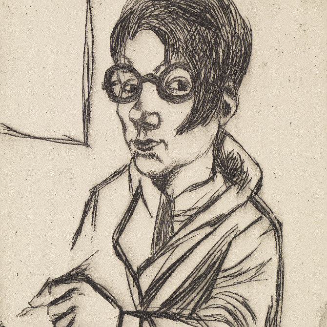 Hanna Nagel (1907–1975), Ohne Titel (Selbstbildnis mit Brille), 1928, Radierung, 13,9 x 11,9 cm, Kunsthalle Mannheim © VG Bildkunst, Bonn 2026