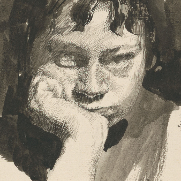 Käthe Kollwitz (1867-1945), Selbstbildnis mit aufgestütztem Kopf, 1889/91, Feder und Pinsel in Sepia, auf Bütten, 200 x 163 mm, NT 25, Kollwitz Museum Köln, Inv.-Nr. 70200/96008.