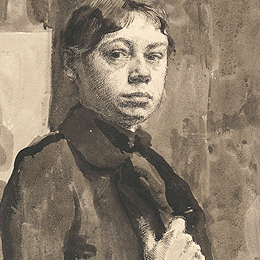 Käthe Kollwitz, Selbstbildnis, 1889, Feder in schwarzer Tusche und Pinsel in Sepia auf Zeichenkarton, NT 12, Kölner Kollwitz-Sammlung © Käthe Kollwitz Museum Köln 