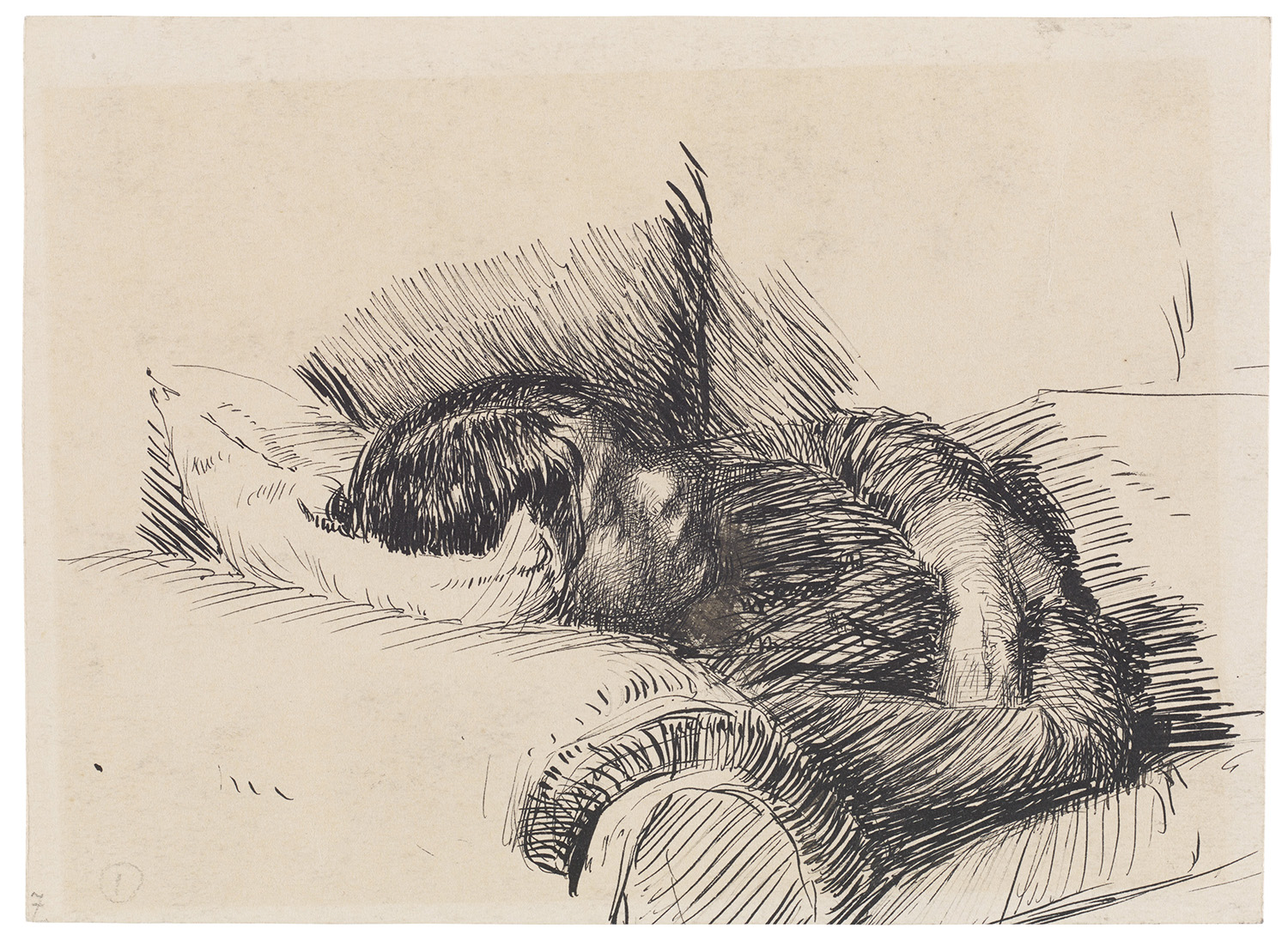 Käthe Kollwitz, Lise, auf einem Sofa schlafend, um 1890, Feder in Tusche auf gelblichem Zeichenkarton, NT 22 © Käthe Kollwitz Museum Köln