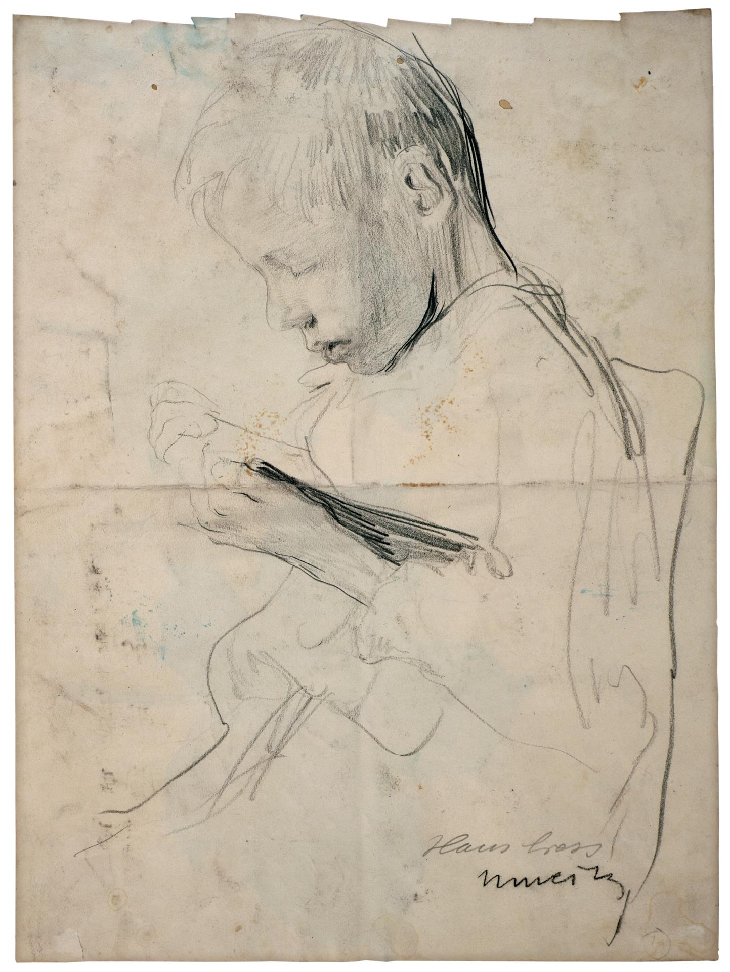 Käthe Kollwitz, Hans Kollwitz lesend, im Profil nach links, um 1903/04 Bleistift auf bräunlichem Zeichenpapier, NT 269 © Käthe Kollwitz Museum Köln