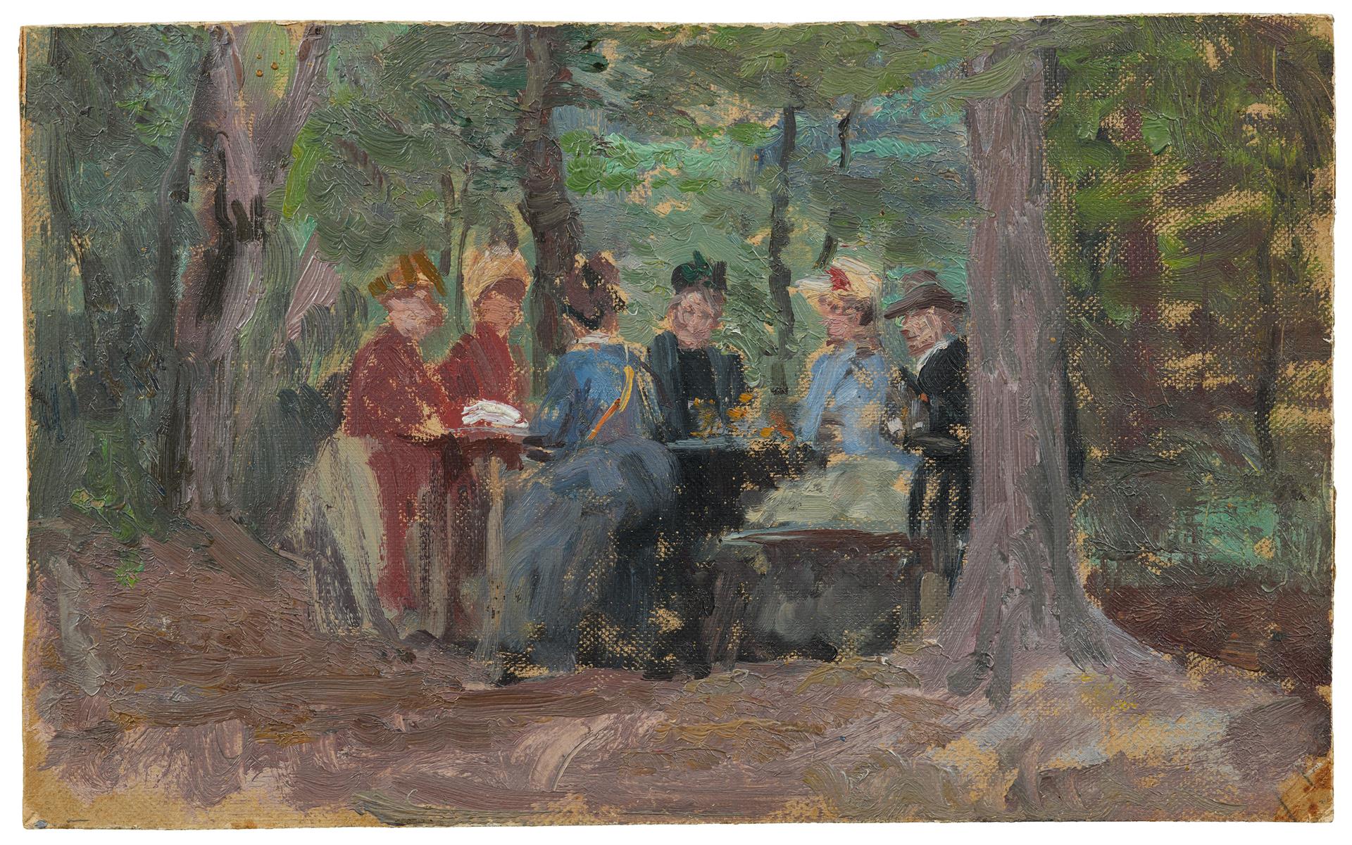 Käthe Kollwitz, Biergarten I, 1888/89, Öl auf Malpappe, 162 × 263 mm, Käthe Kollwitz Museum Köln