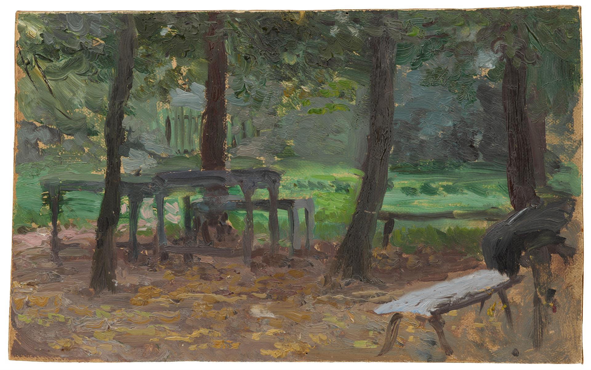 Käthe Kollwitz, Beer Garden II, 1888/89, oil on cardboard, 164 × 262 mm, Käthe Kollwitz Museum Köln