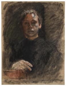 Käthe Kollwitz, 1867–1945, Selbstbildnis en face mit rechter Hand, um 1893/94, farbige Kreide auf olivbraunem Tonpapier, 633 x 488 mm, NT 168.Dauerleihgabe aus Familienbesitz  im Käthe Kollwitz Museum Köln. 