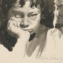 Käthe Kollwitz, Selbstbildnis mit aufgestütztem Kopf, 1889-91, Feder und Pinsel in Sepia auf Bütten, 200 x 160 mm, NT 12, Käthe Kollwitz Museum Köln