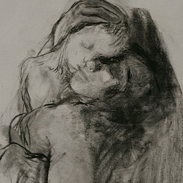 Käthe Kollwitz, Frau mit totem Kind auf den Knien, 1911, Kohle auf blaugrauem Papier, NT 649, Kölner Kollwitz Sammlung, Käthe Kollwitz Museum Köln
