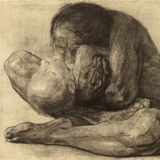 Käthe Kollwitz, Frau mit totem Kind, 1903, Strichätzung, Kaltnadel, Schmirgel und Vernis mou mit Durchdruck von geripptem Büttenpapier und Zieglerschem Umdruckpapier, Kn 81 VIII a, Käthe Kollwitz Museum Köln