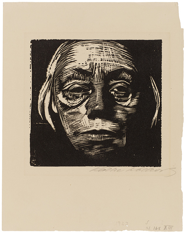 Käthe Kollwitz, Self-Portrait, frontal, 1922/23, woodcut, 15 x 15.6 cm, Kn 193, Käthe Kollwitz Museum Köln 