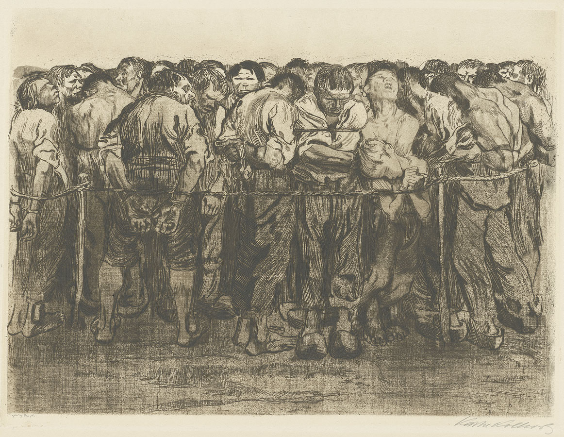 Käthe Kollwitz, Les Prisonniers, planche 7 du cycle Guerre des paysans, 1908, eau-forte, pointe sèche, émeri et vernis mou avec impression de textile et de papier report de Ziegler, Kn 102 IX a, collection Kollwitz de Cologne © Käthe Kollwitz Museum Köln