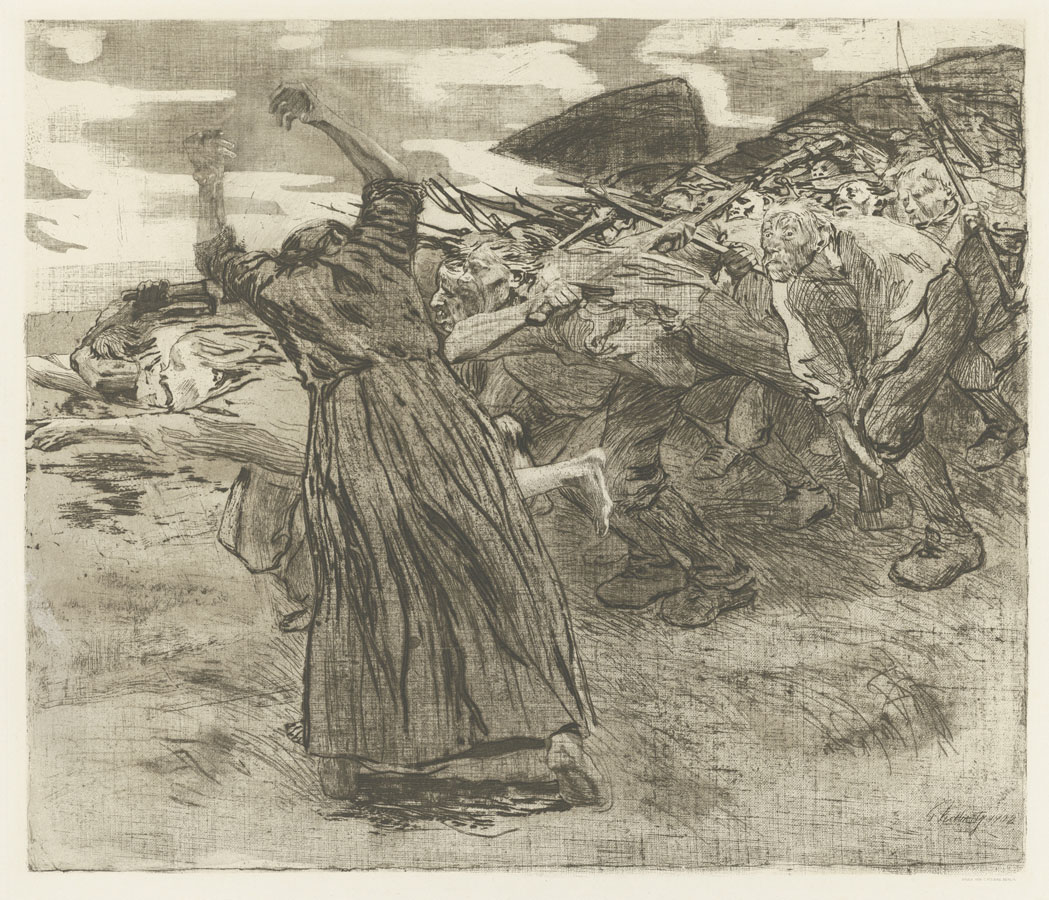 Käthe Kollwitz, Assaut, planche 5 du cycle »Guerre des paysans«, 1902/03, eau-forte, pointe sèche, aquatinte, réserve au sucre et vernis mou avec impression de textiles et de papier report de Ziegler, Kn 70 VIII b, collection Kollwitz de Cologne © Käthe Kollwitz Museum Köln