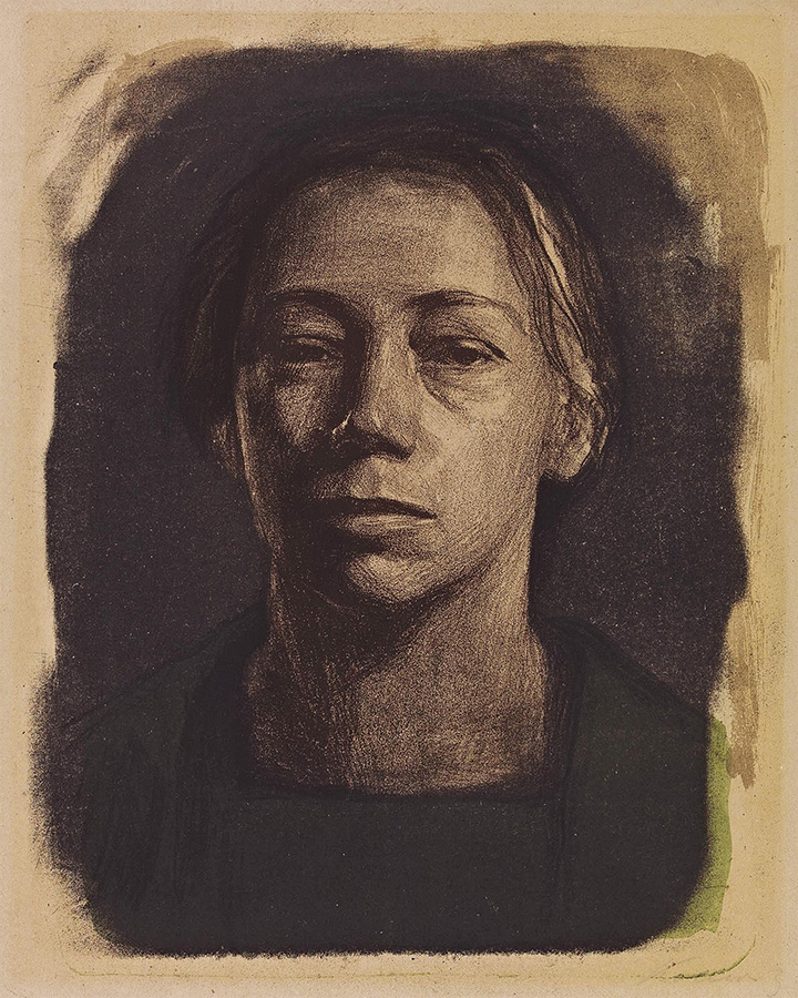 Käthe Kollwitz, Selbstbildnis en face, um 1904, Kreide- und Pinsellithographie in vier Farben sowie Spritztechnik, Kn 85, Kölner Kollwitz Sammlung © Käthe Kollwitz Museum Köln