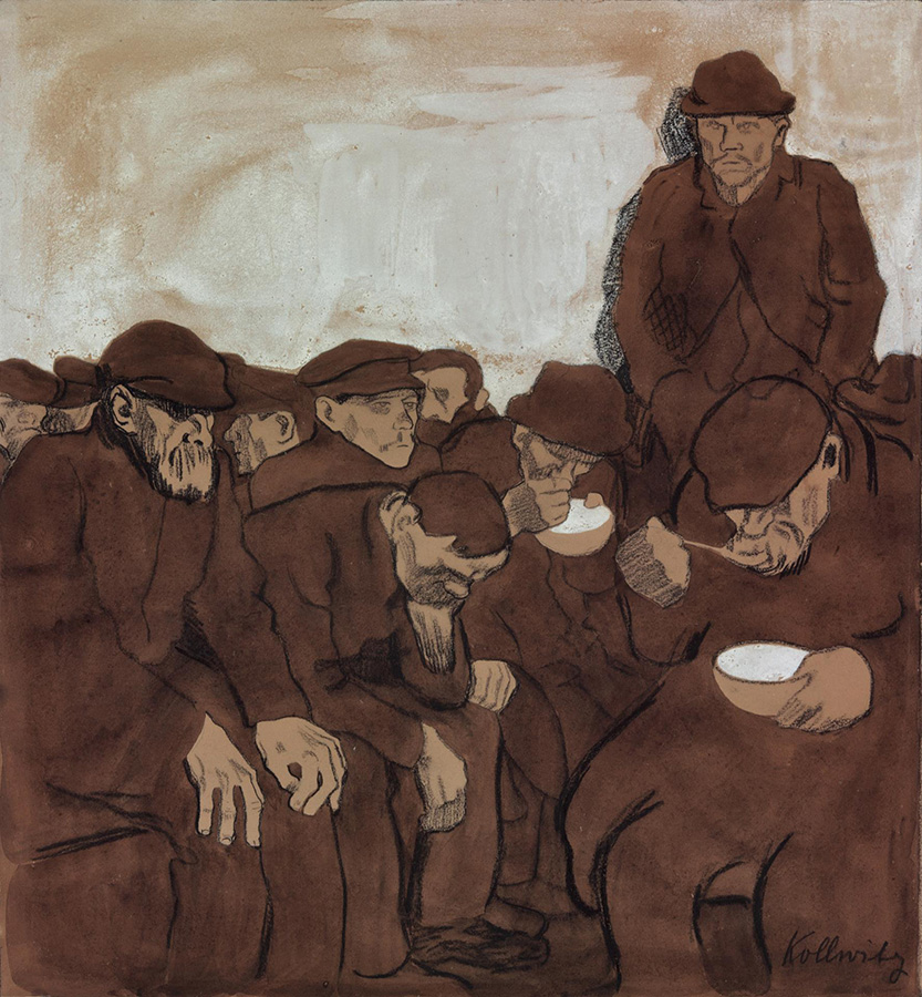 Käthe Kollwitz, Wärmehallen, 1908/09, Schwarze Kreide, Feder und Pinsel in Tusche und Sepia auf olivgrünem Papier, der Hintergrund weiß gehöht, NT (469a), Kölner Kollwitz Sammlung © Käthe Kollwitz Museum Köln