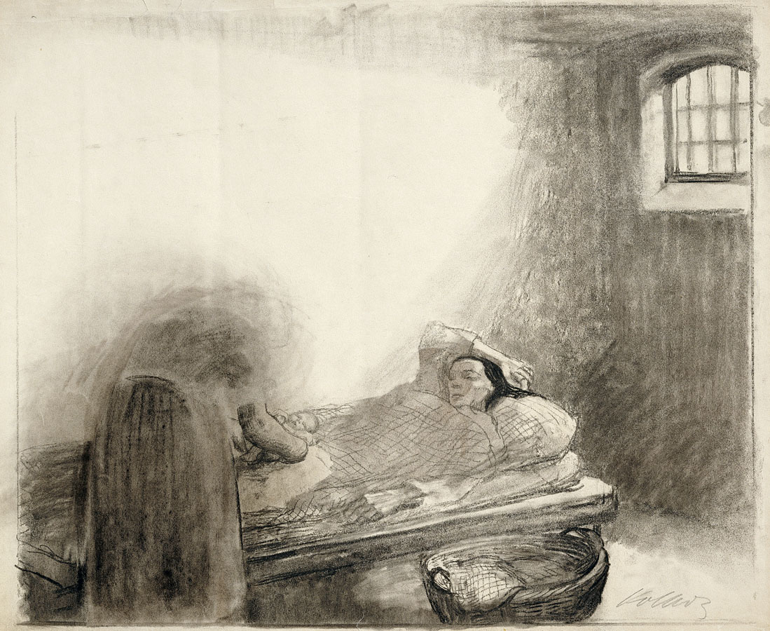 Käthe Kollwitz, Giving Birth in a Women’s Prison, 1912, black chalk, stubbed, on drawing cardboard, NT 697, (preparatory drawing for the pictorial broadsheet), Cologne Kollwitz Collection © Käthe Kollwitz Museum Köln