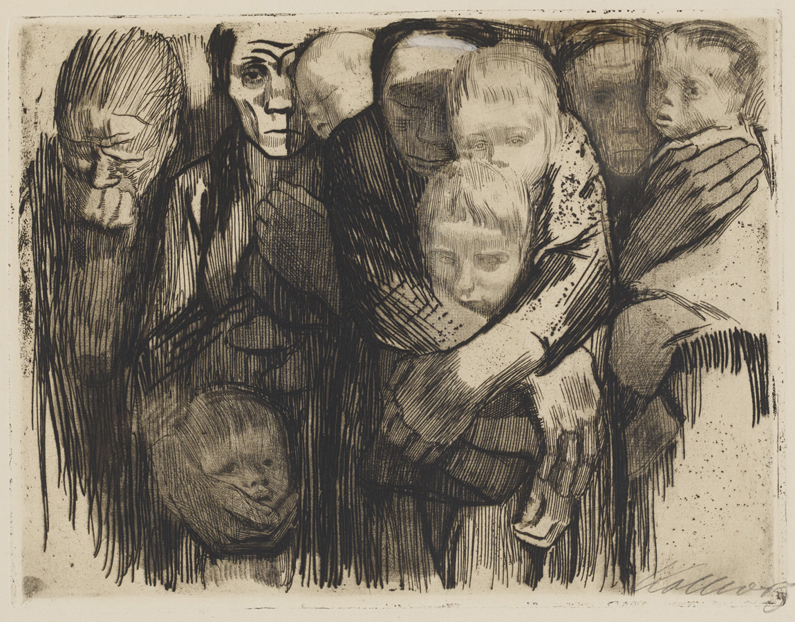 Käthe Kollwitz, Mères, 1918, eau-forte, émeri, vernis mou avec impression de papier vergé et faisceau d'épingles, Kn 137 III, collection Kollwitz de Cologne © Käthe Kollwitz Museum Köln