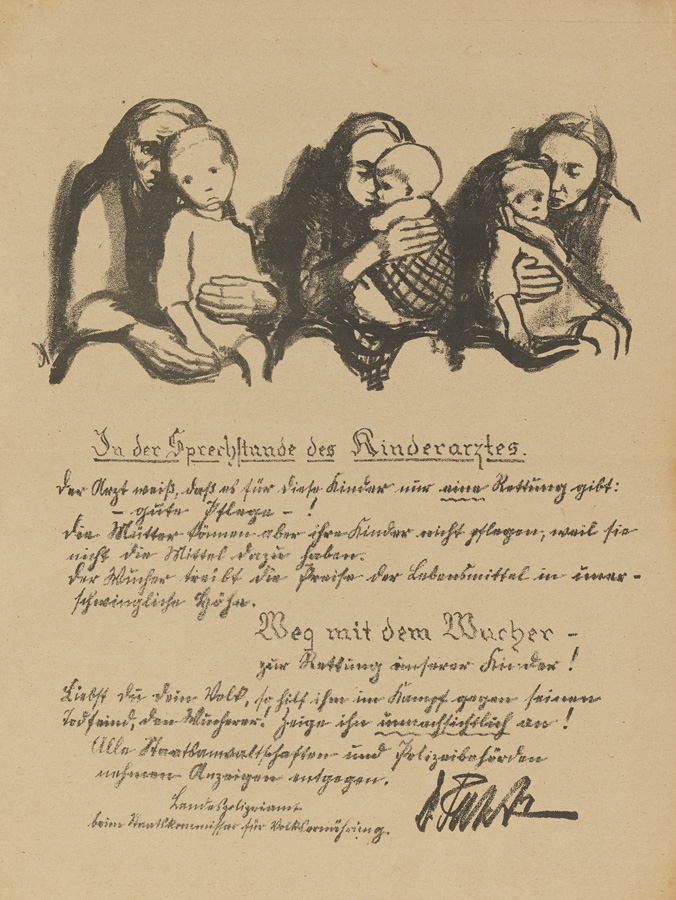 Käthe Kollwitz, In der Sprechstunde des Kinderarztes, Zweites der »Drei Flugblätter gegen den Wucher«, 1920, Kreidelithographie (Umdruck), Kn 156, Kölner Kollwitz Sammlung © Käthe Kollwitz Museum Köln