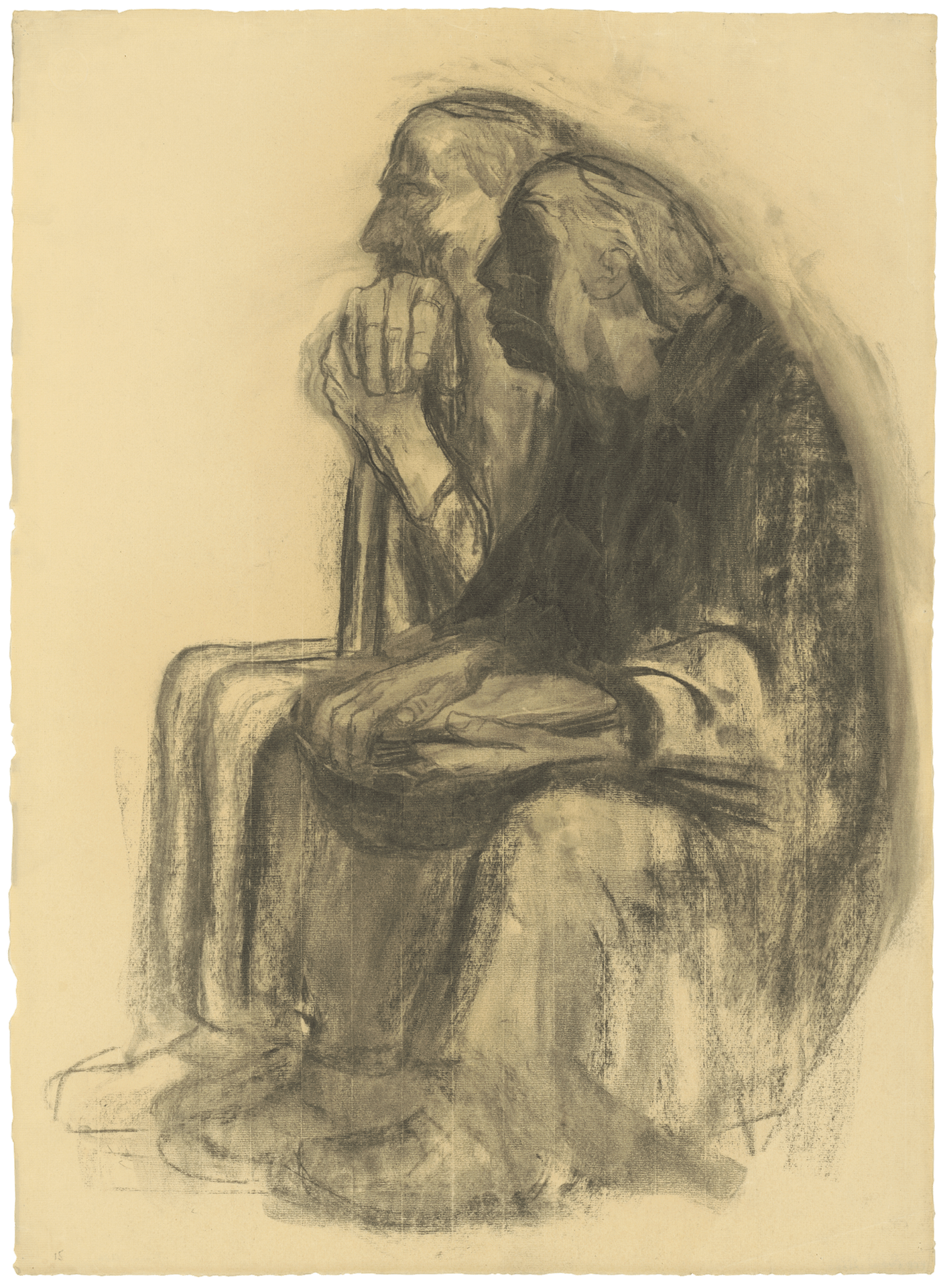 Käthe Kollwitz, self-portrait with Karl Kollwitz, 1938-1940, charcoal, stumped, on yellowish handmade Ingres paper, NT 1276, Cologne Kollwitz collection © Käthe Kollwitz Museum Köln 
