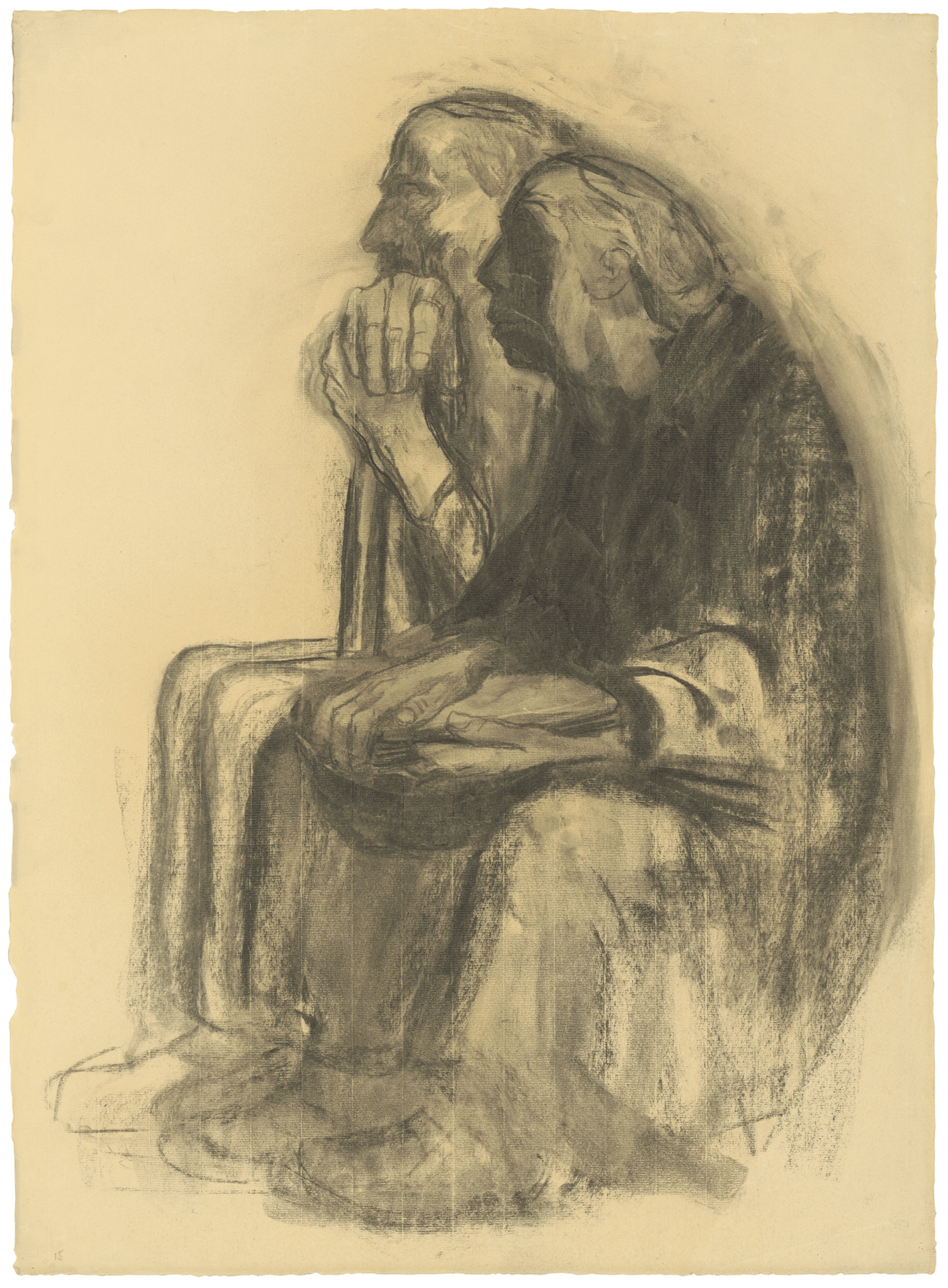 Käthe Kollwitz, Selbstbildnis mit Karl Kollwitz; 1938-1940, Kohle, gewischt, auf gelblichem Ingres-Bütten, NT 1276