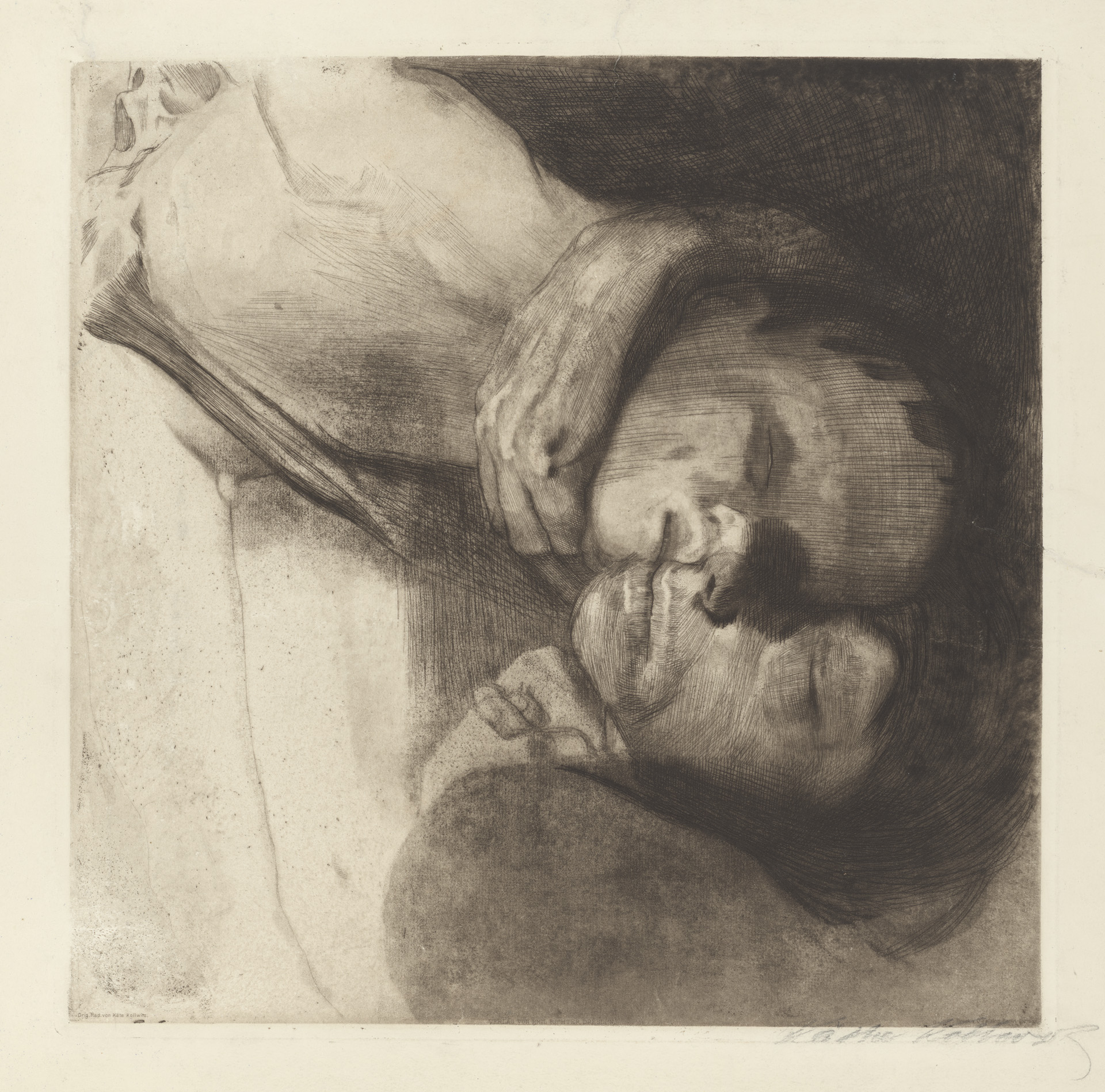 Käthe Kollwitz, Mort, femme et enfant, 1910, eau-forte, pointe sèche, émeri et vernis mou avec impression de papier au tamis et au papier report Ziegler, Kn 108 XIII, Collection Kollwitz de Cologne © Käthe Kollwitz Museum Köln