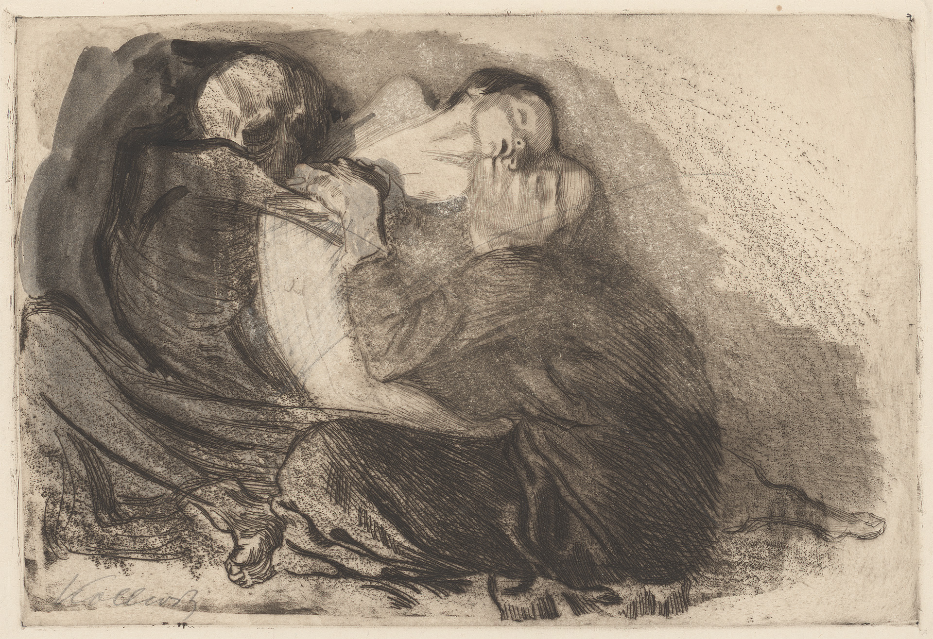 Käthe Kollwitz, Death snatching a Sick Child from its Mother, rejected plate, 1911, line etching, drypoint and sandpaper, Kn 119 II, Cologne Kollwitz Collection © Käthe Kollwitz Museum Köln