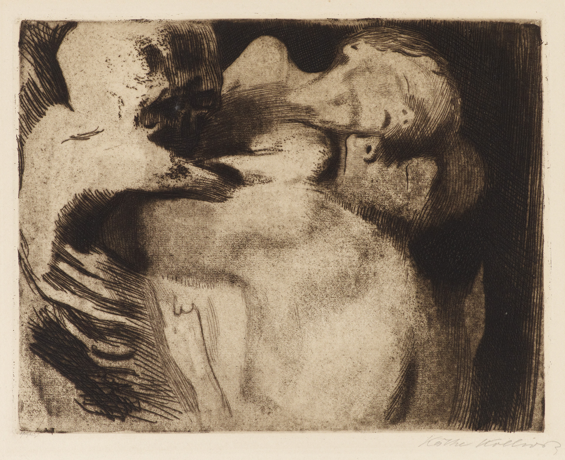 Käthe Kollwitz, Mort et femme luttant pour l’enfant, 1911, eau-forte, pointe sèche, émeri et vernis mou avec impression de papier vergé, Kn 121 IX b, Collection Kollwitz de Cologne © Käthe Kollwitz Museum Köln