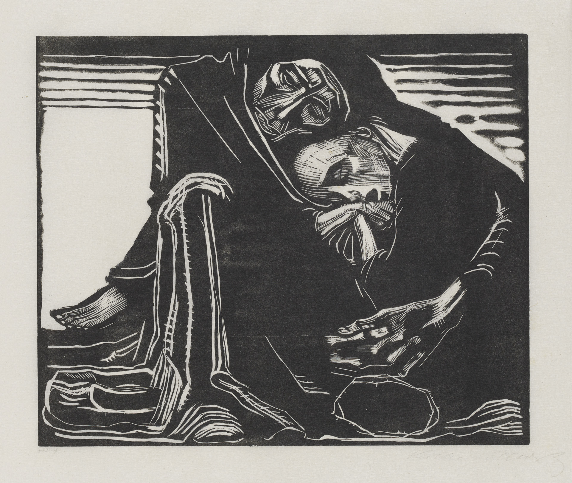 Käthe Kollwitz, Tod mit Frau im Schoß, 1920/1921, Holzschnitt, Kn 165 VII a