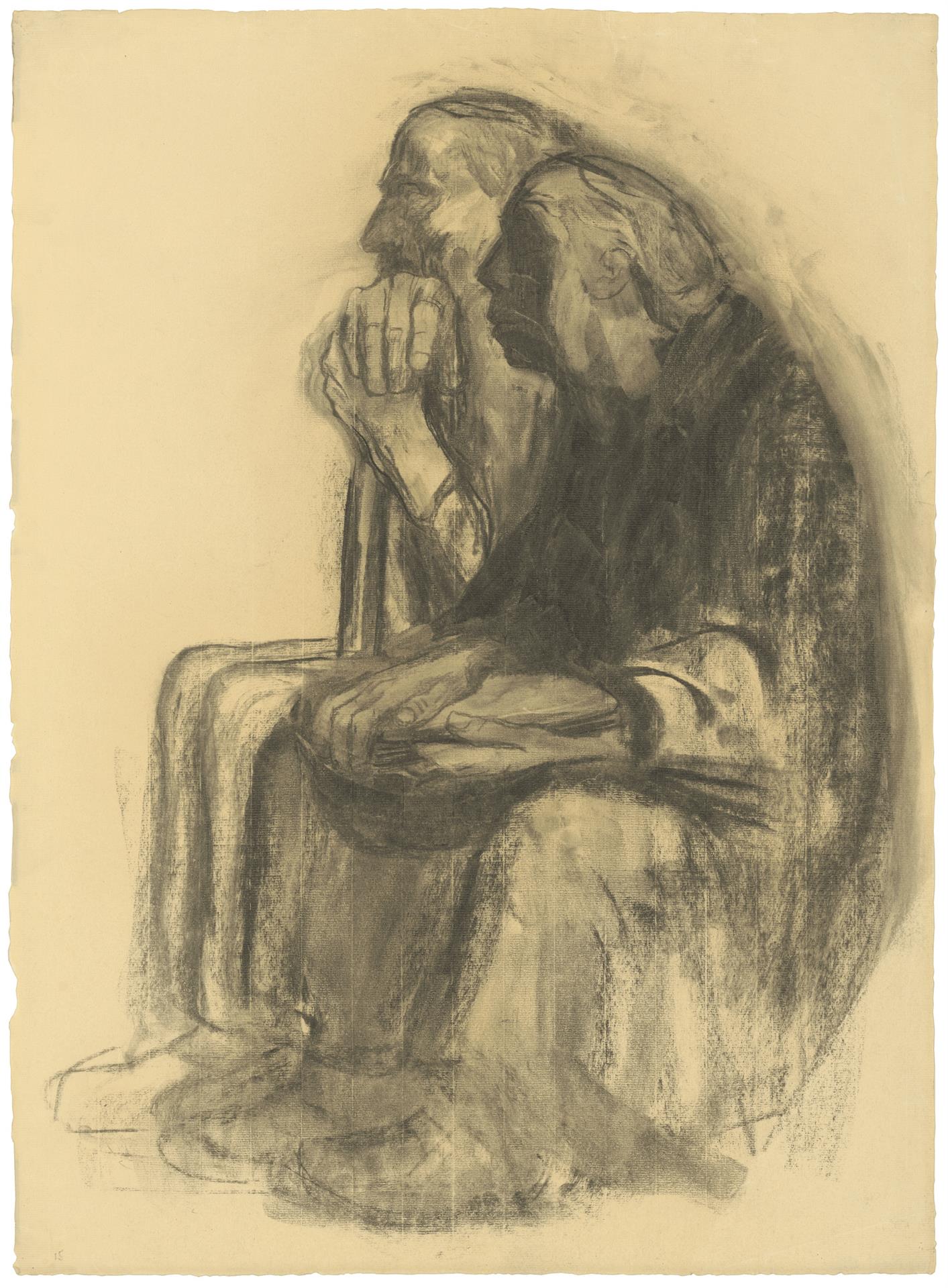 Käthe Kollwitz, Self-portrait with Karl Kollwitz, 1938-1940, crayon, blotted, on yellowish Ingres paper, NT 1276, Cologne Kollwitz Collection © Käthe Kollwitz Museum Köln