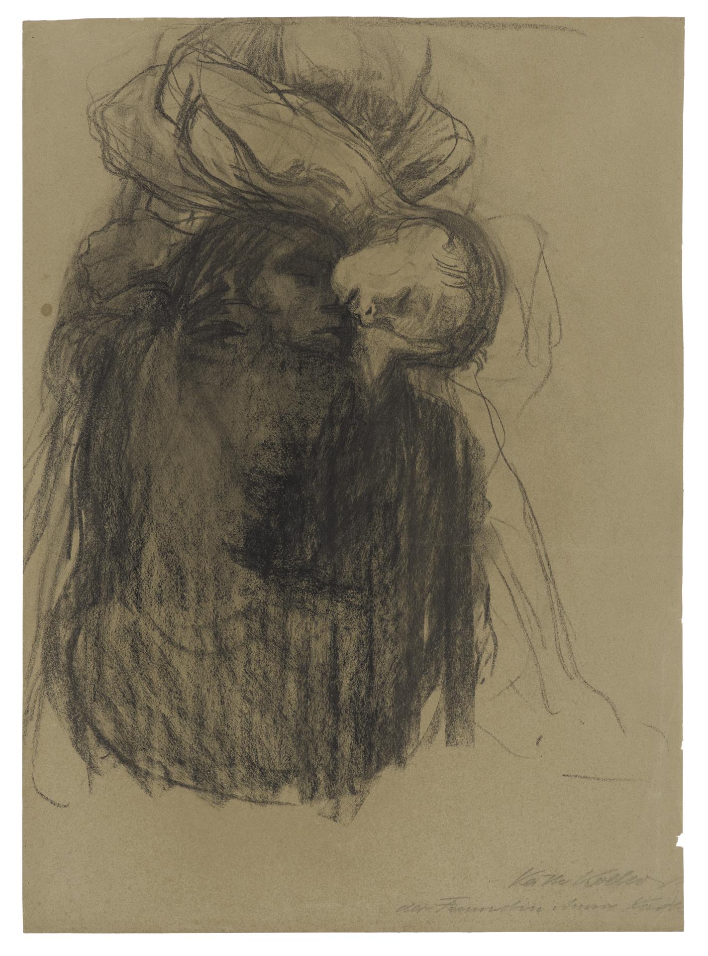 Käthe Kollwitz, Tod, Frau und Kind, 1910, Schwarze Kreide, gewischt, auf bräunlichem Papier, NT 609