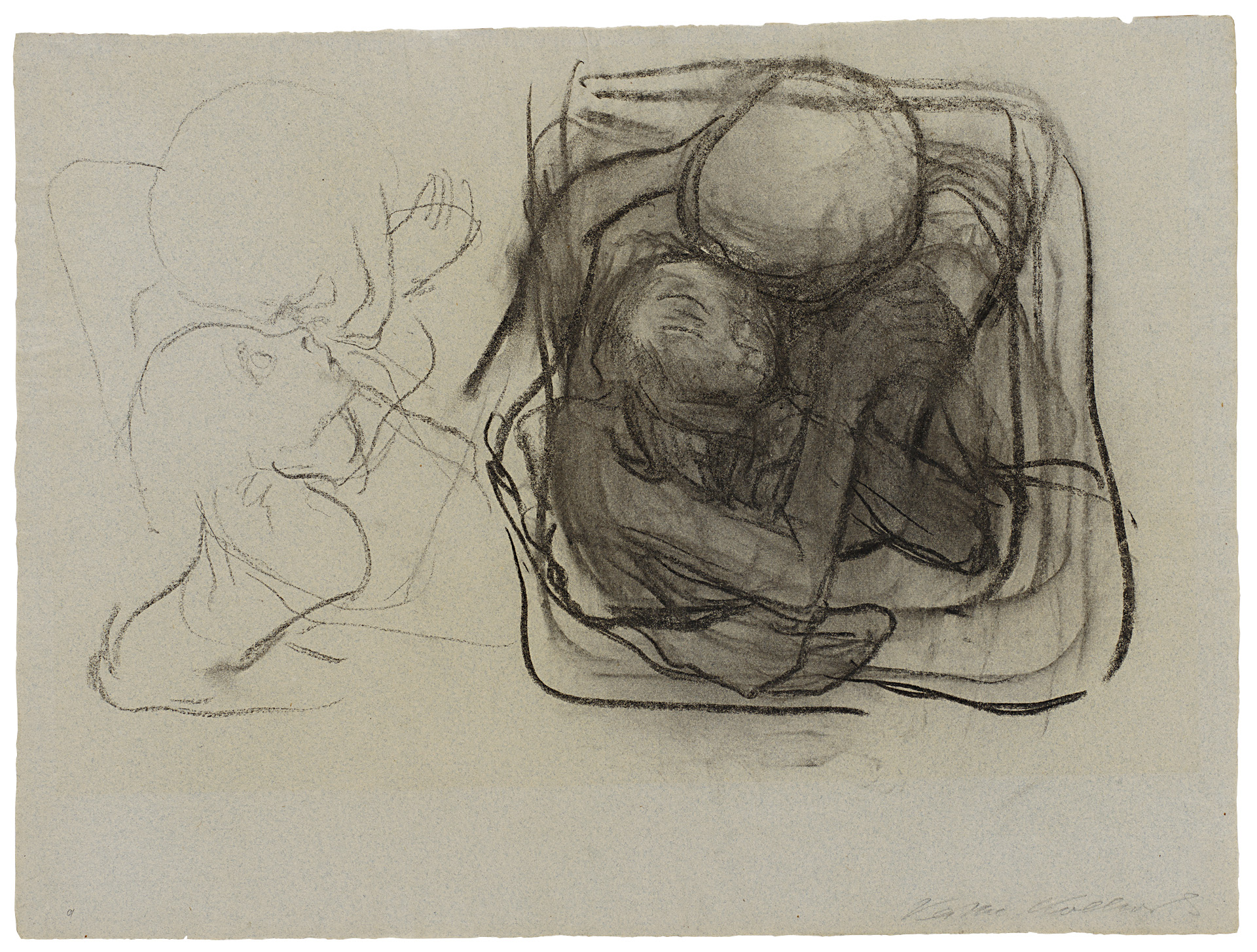 Käthe Kollwitz, Death takes a Woman, 1921, black crayon on blue laid paper, NT 884, Cologne Kollwitz Collection © Käthe Kollwitz Museum Köln