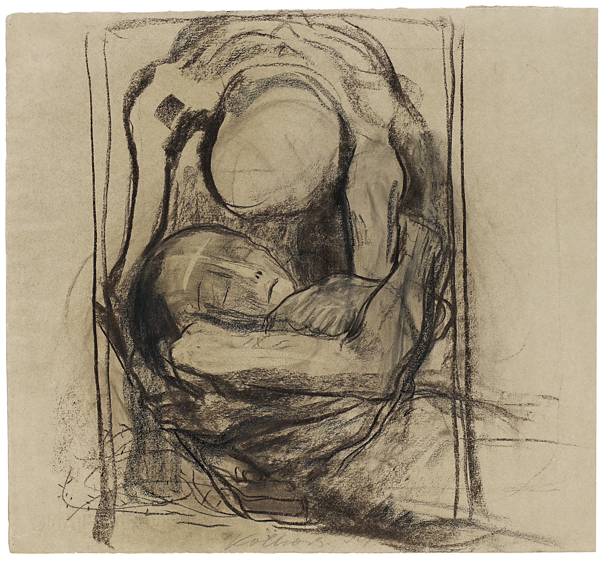 Käthe Kollwitz, La Mort prend une femme, 1921/1922, fusain, pierre noire et craie brune, estompé sur papier vergé vert olive, NT 885, Collection Kollwitz de Cologne © Käthe Kollwitz Museum Köln