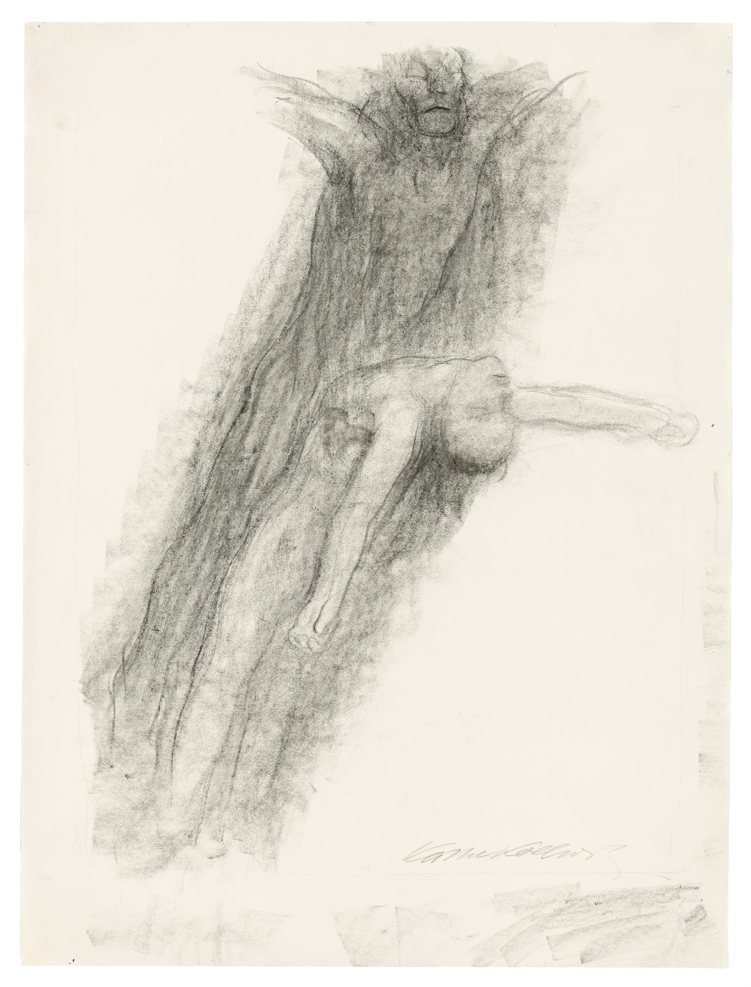 Käthe Kollwitz, Tod und Jüngling, aufschwebend, um 1922/23, Schwarze Kreide, gewischt auf Zeichenpapier, NT 963