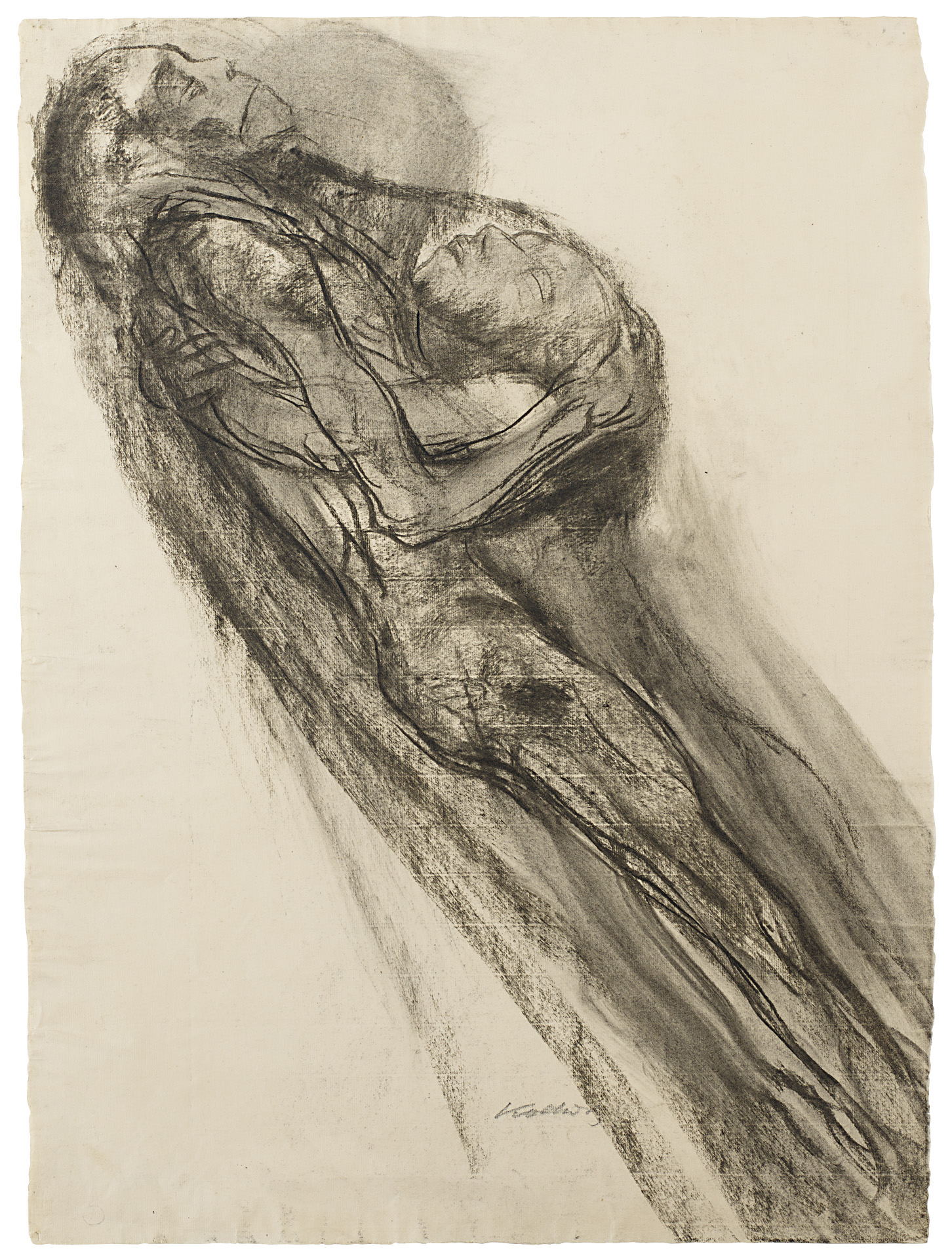 Käthe Kollwitz, Tod mit Peter, aufschwebend, 1922/23, Kohle, gewischt auf Ingres-Bütten, NT 967